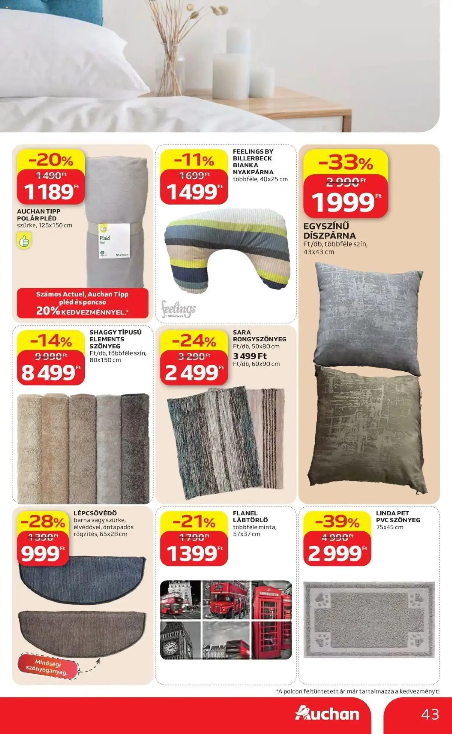 Auchan akciós újság Szolnok - 2026.08.27. -tól/töl > akció, lapozható szórólap 🛍️ | Oldal: 43 | Termékek: Poncsó, Szőnyeg, Pléd, Díszpárna