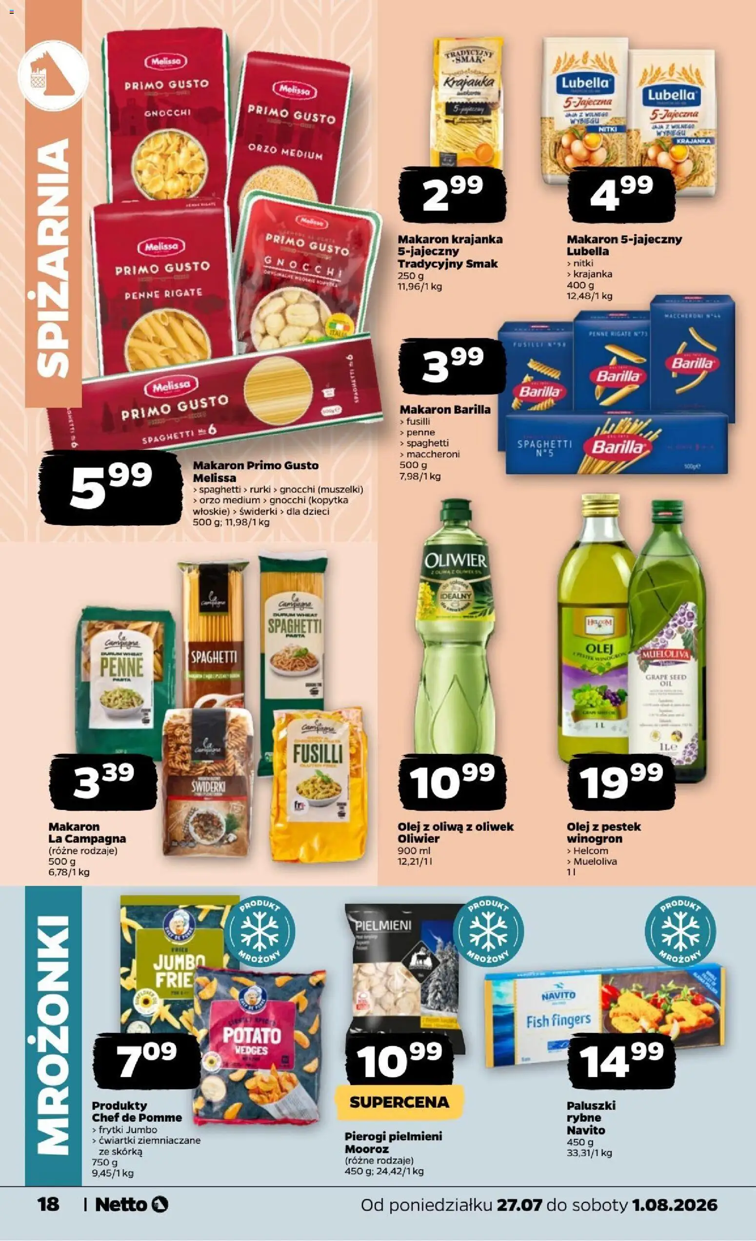 Netto gazetka od poniedziałku od 27.07.2026 | Strona: 18 | Produkty: Oliwa z oliwek, Penne, Paluszki rybne, Gnocchi