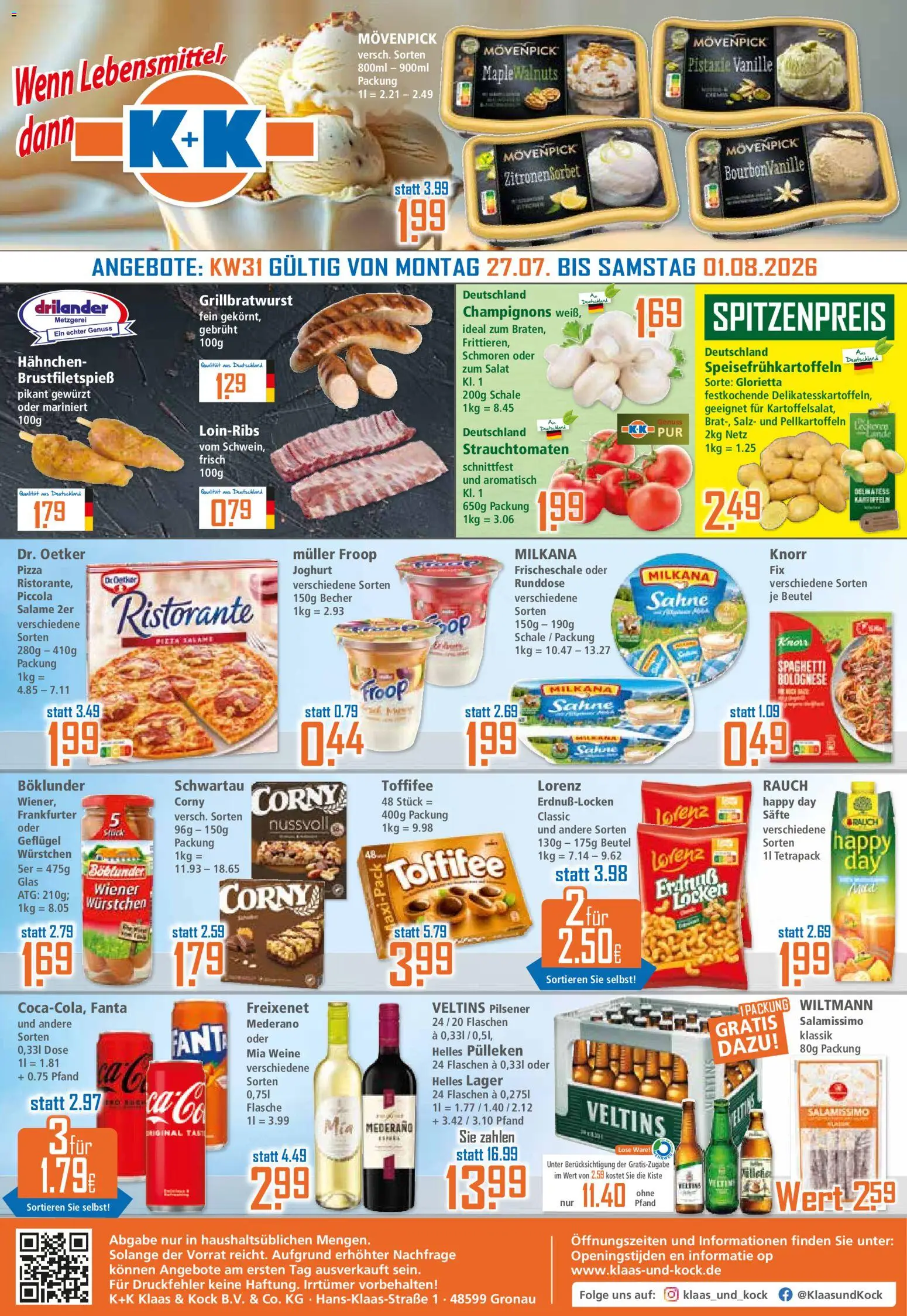 Klaas & Kock Prospekt – gültig ab 27.07.2026 | Seite: 1 | Produkte: Milkana, Champignons, Toffifee, Salat
