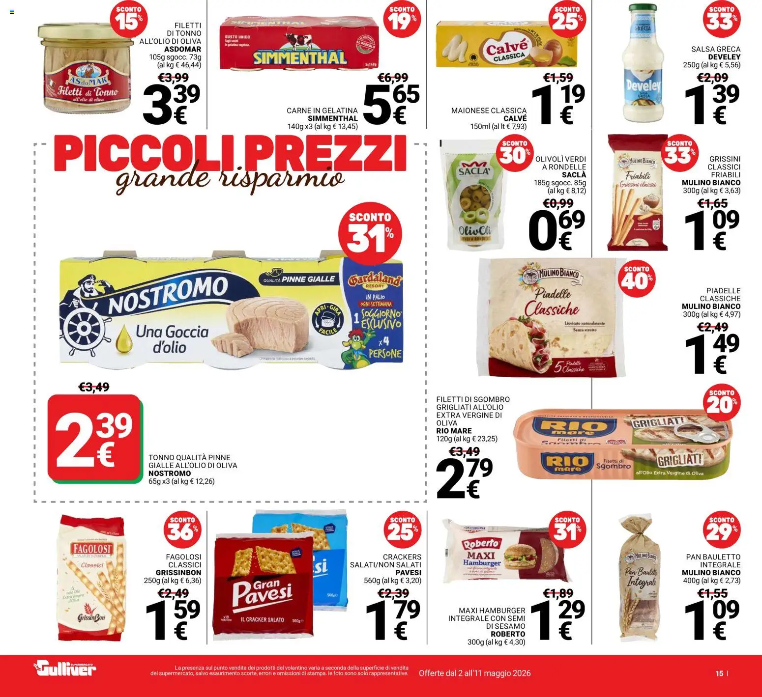 Volantino Gulliver del 02.05.2026 | Pagina: 15 | Prodotti: Pinne, Tonno, Sgombro, Hamburger