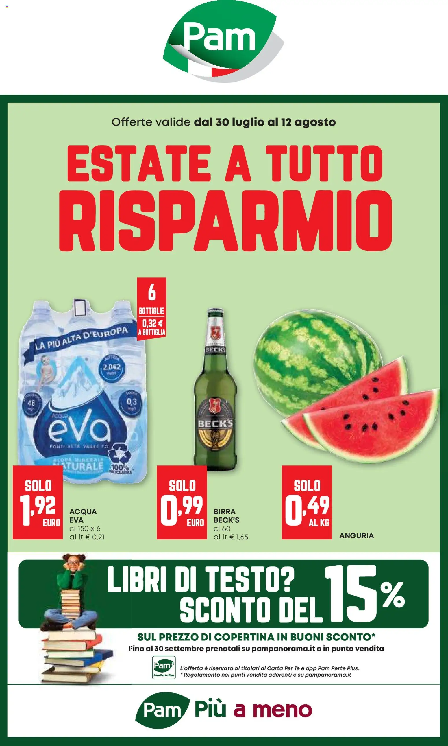 Volantino PAM del 30/07/2026 | Pagina: 1 | Prodotti: Libri, Tè, Acqua, Bottiglia