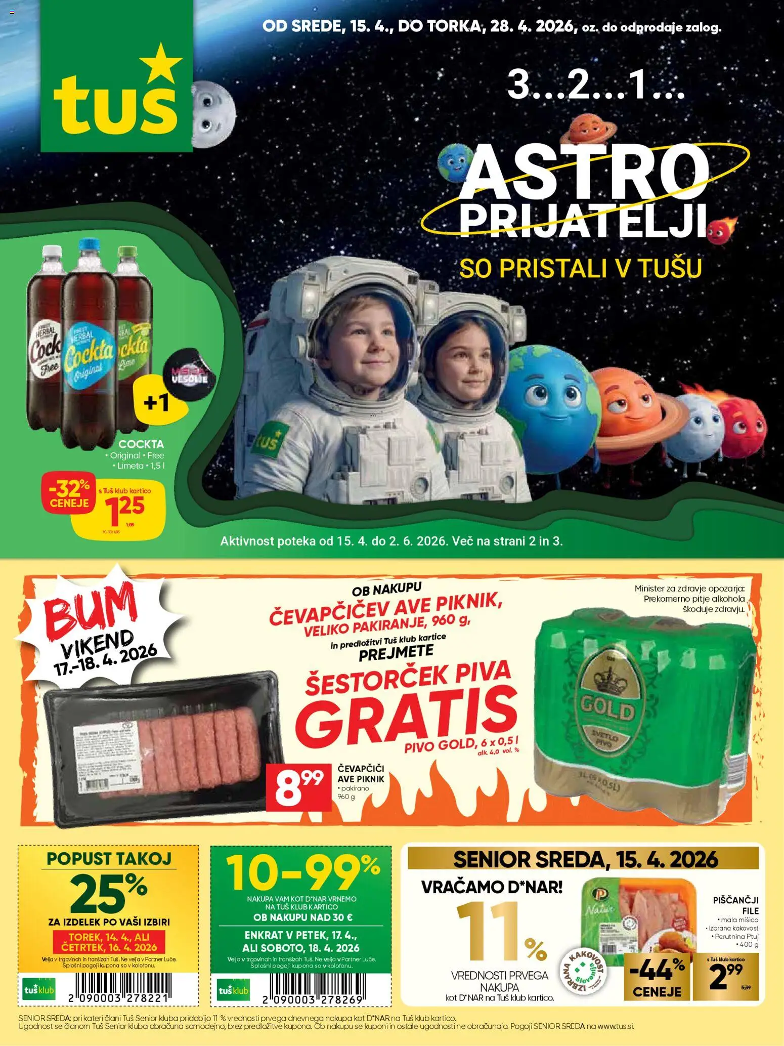 Novi Tuš katalog ponudbe – veljaven od 15.04.2026 | Stran: 1 | Izdelki: Limeta, Čevapčiči, Pivo