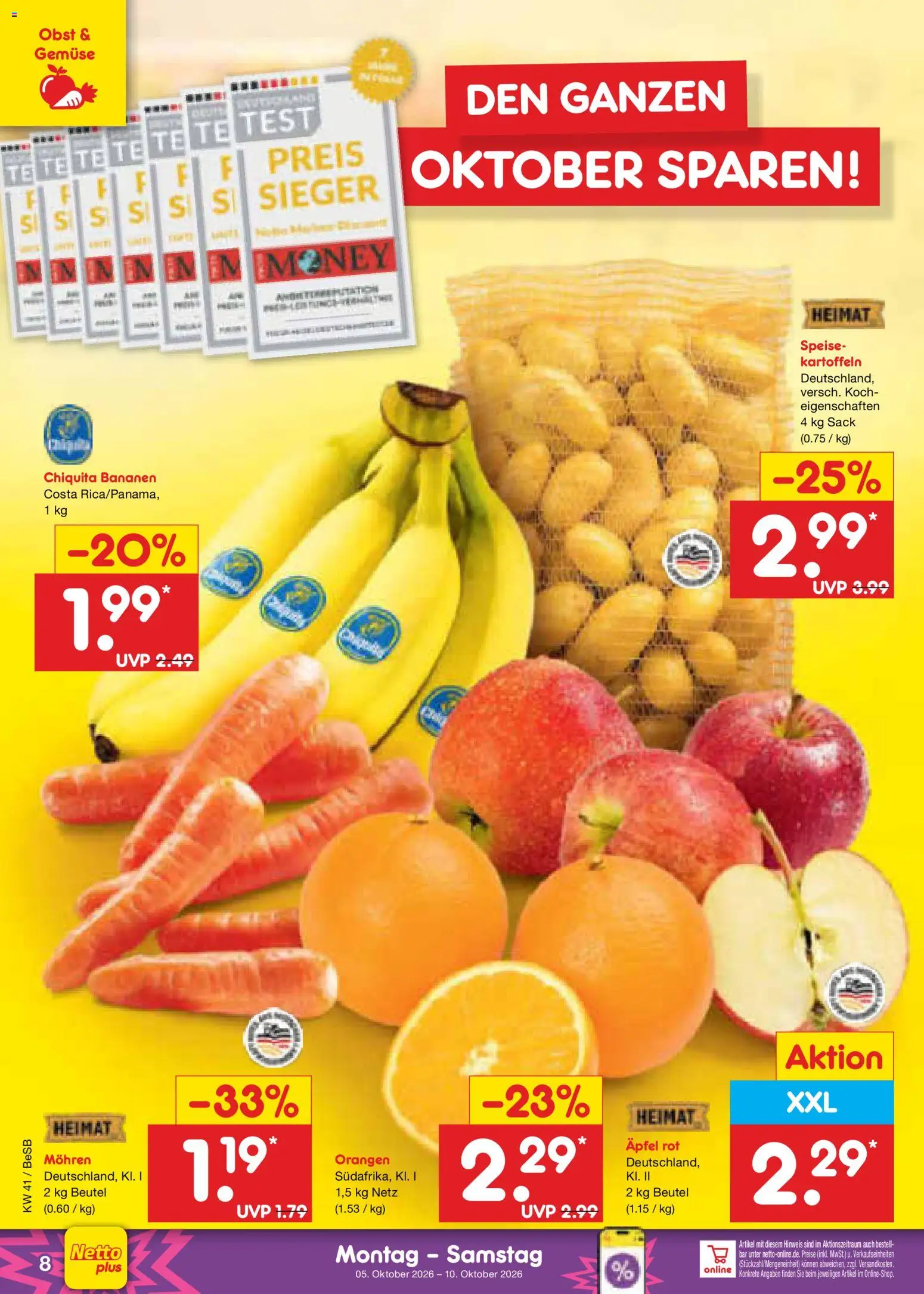 Netto Marken-Discount Prospekt – gültig ab 05.10.2026 | Seite: 8 | Produkte: Bananen, Orangen, Kartoffeln, Obst