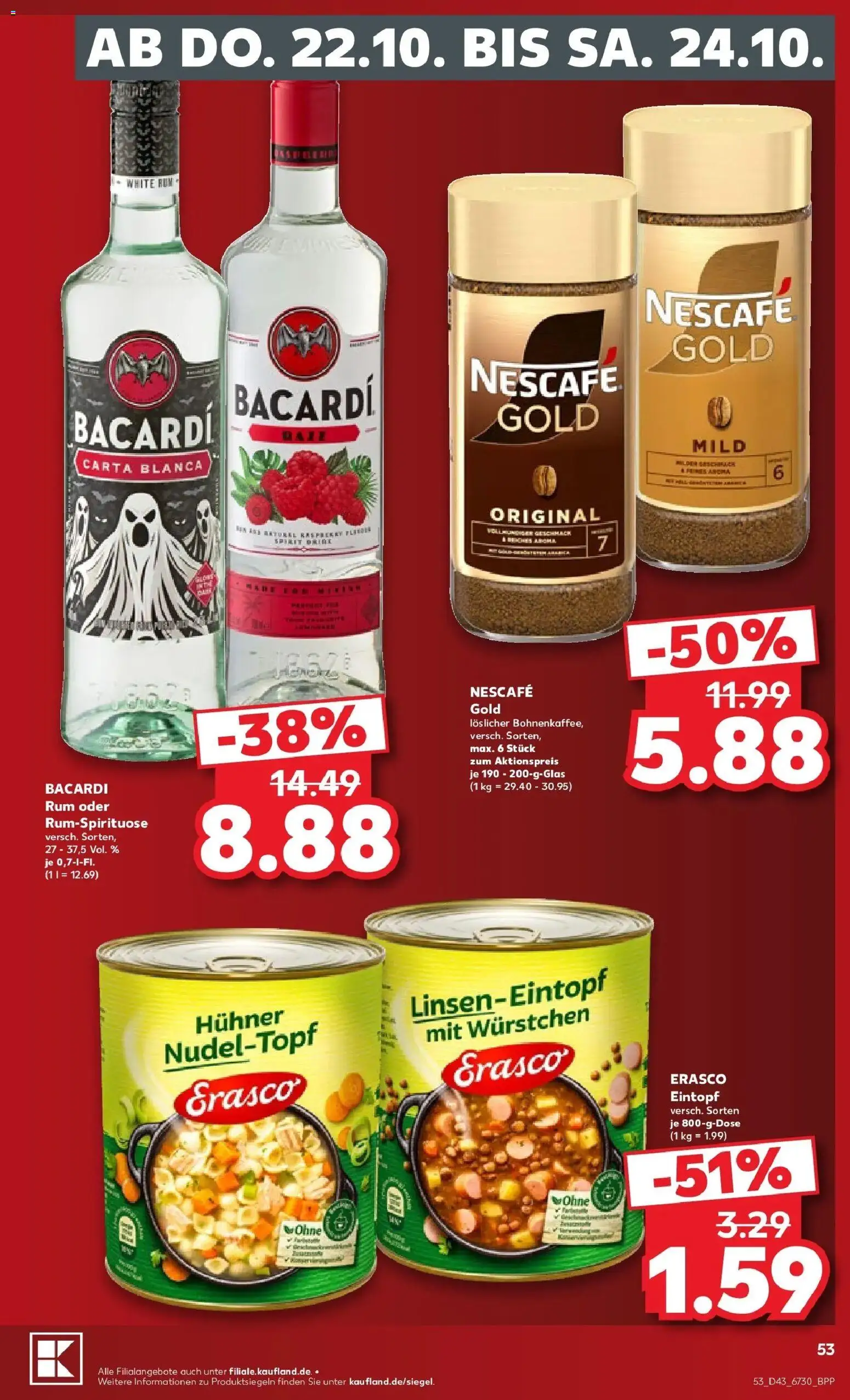 Prospekt Kaufland ab 19.10.2026 » Angebote Online zum Blättern | Seite: 57 | Produkte: Bacardi, Nescafe, Erasco, Nescafe gold