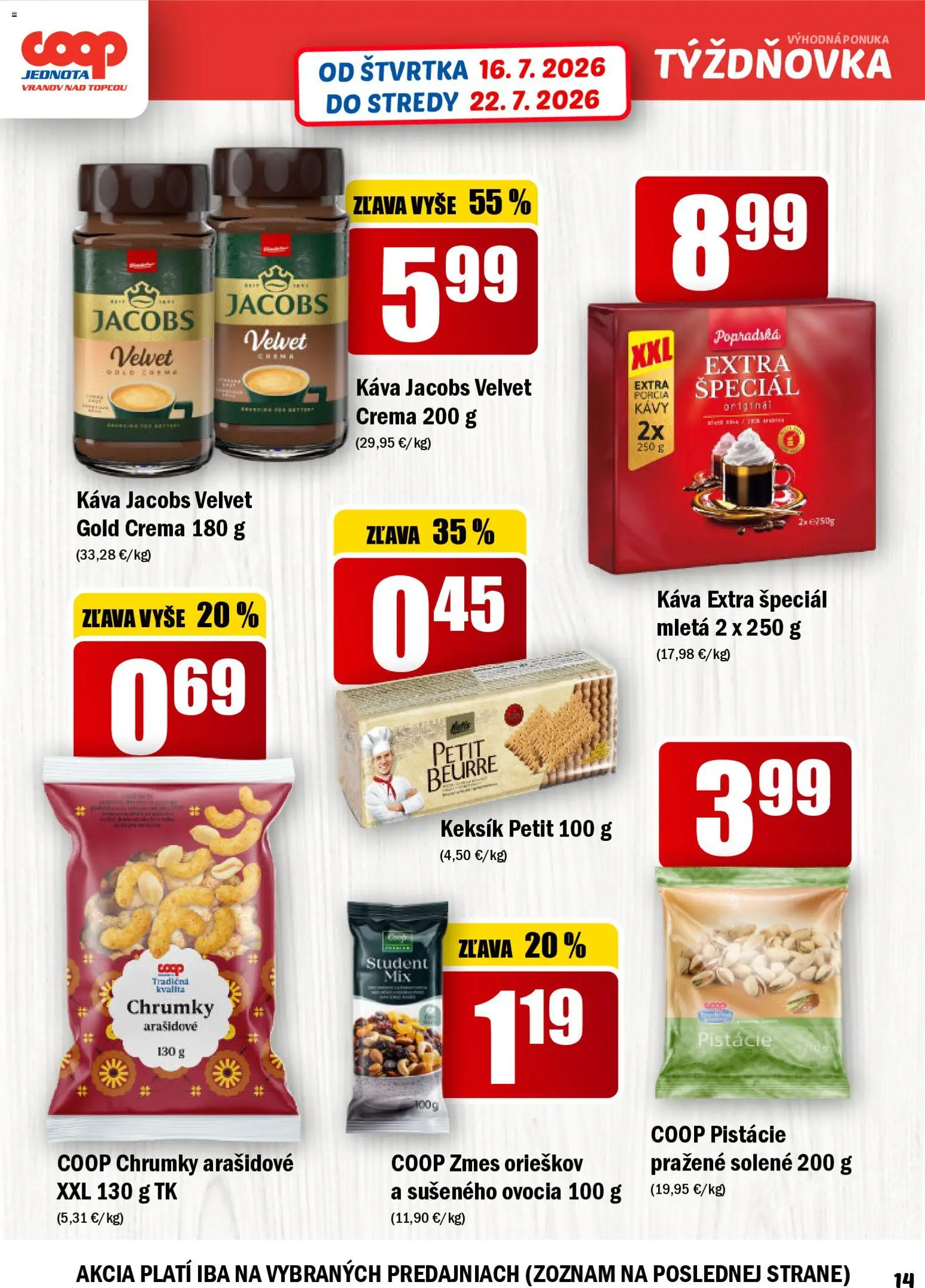 Nové COOP Jednota akcie – leták je platný od 16.07.2026 | Strana: 14 | Produkty: Jacobs Velvet, Káva, Pistácie