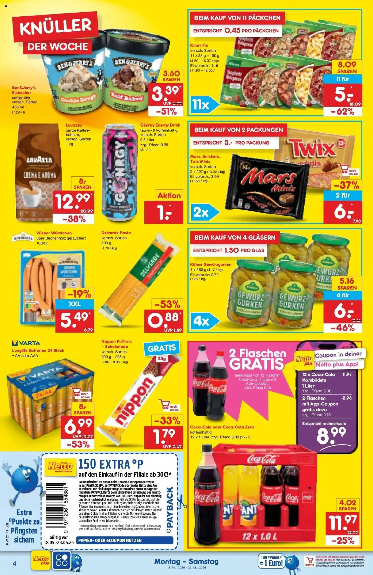 Netto Marken-Discount Prospekt Hannover	 – gültig ab 17.05.2026 | Seite: 4 | Produkte: Lavazza, Wiener wurstchen, Batterien, Twix