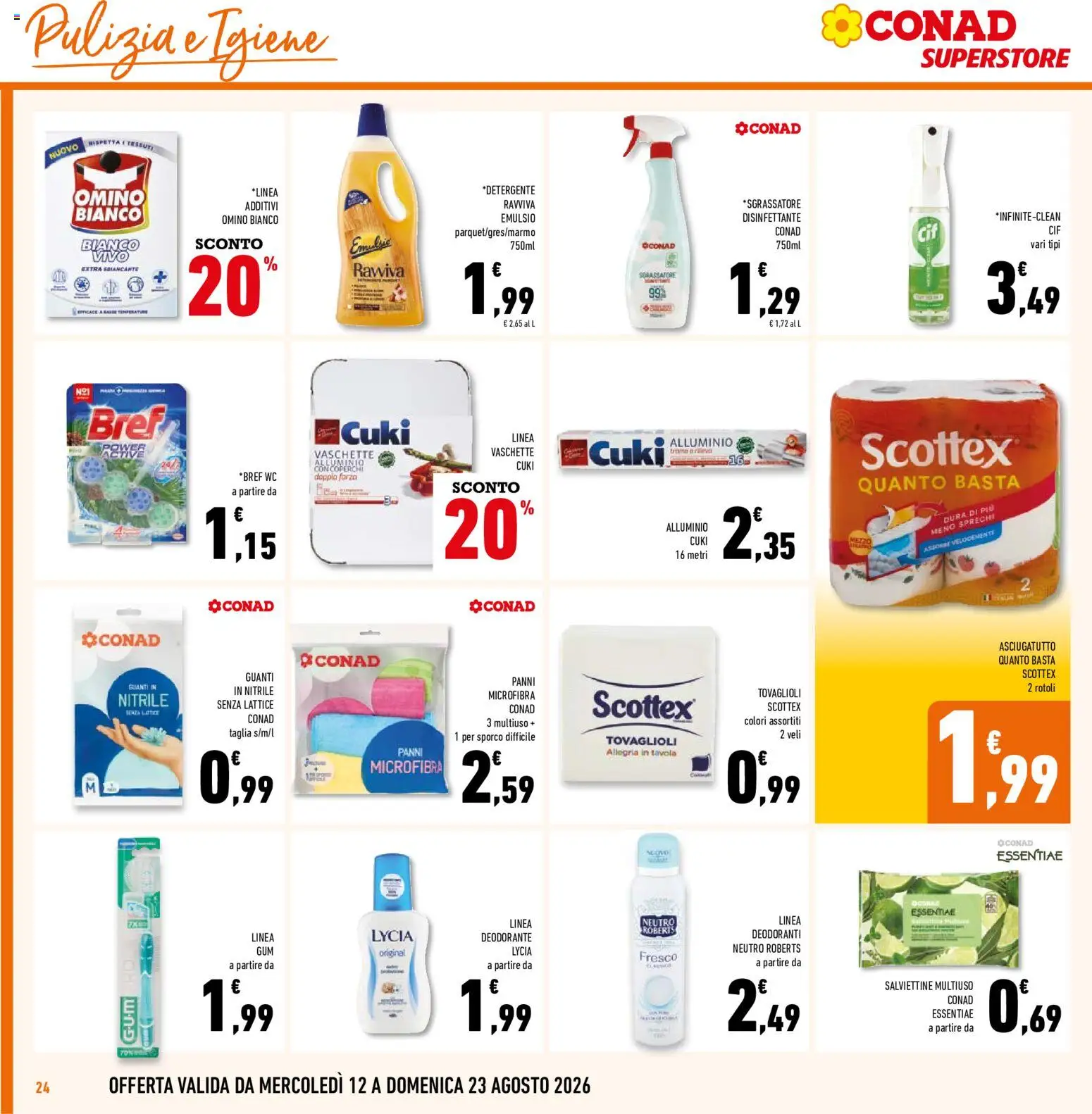 Volantino Conad del 12/08/2026 | Pagina: 24 | Prodotti: Detergente, Sgrassatore, Guanti, Vaschette