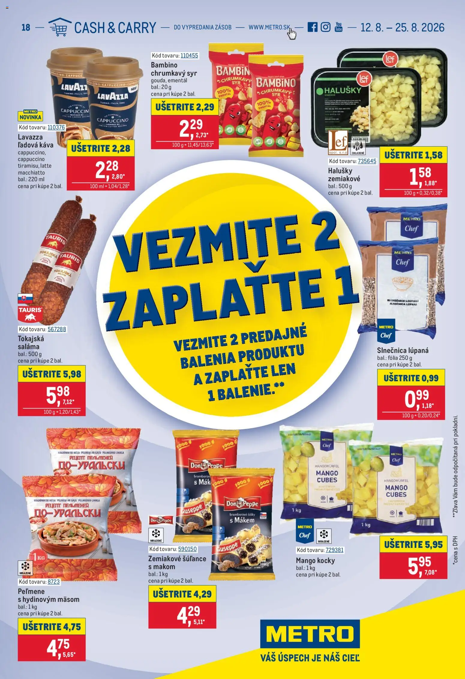 Nové Metro akcie – leták je platný od 12.08.2026 | Strana: 1 | Produkty: Syr, Lavazza, Mango, Cappuccino