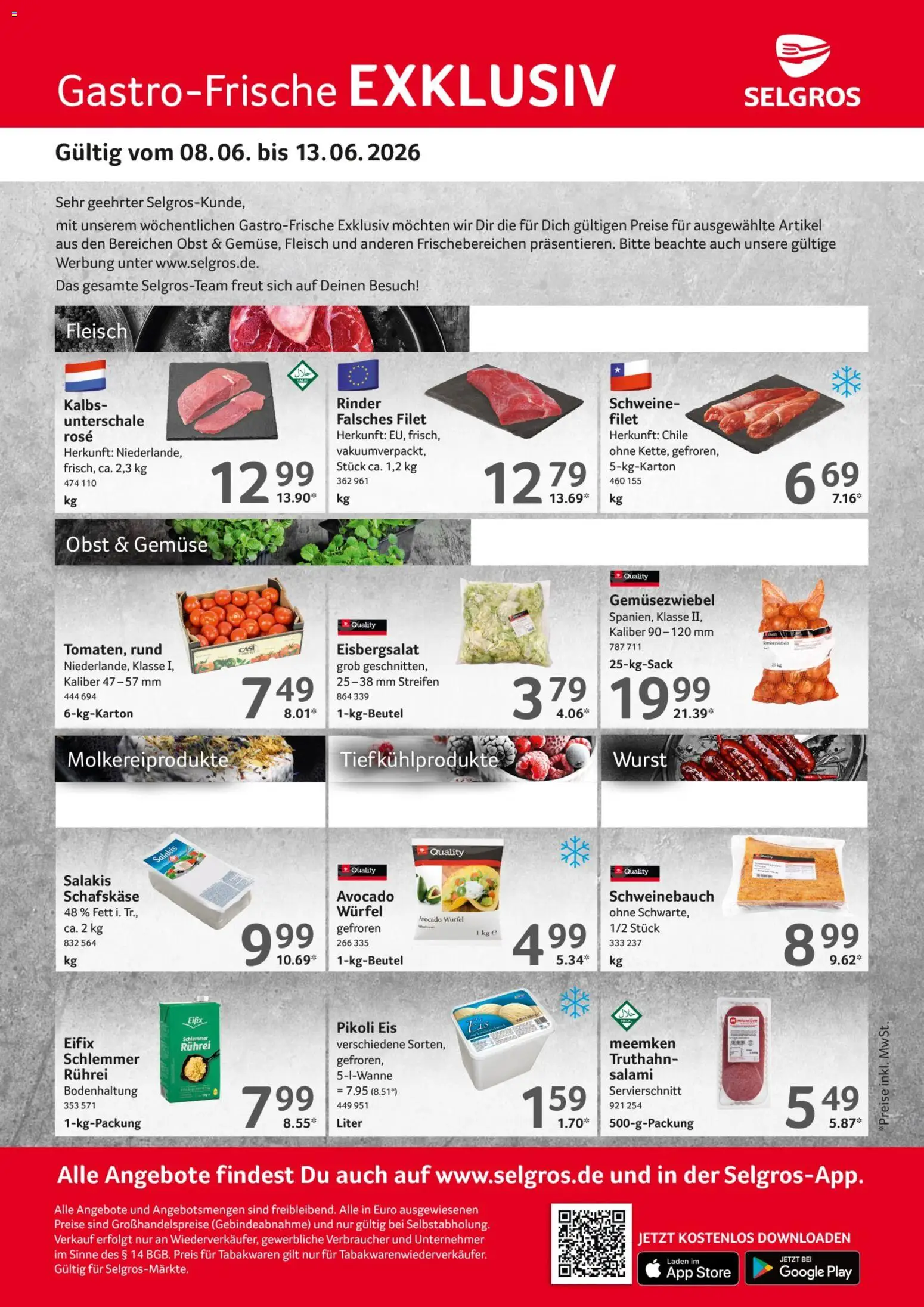 Selgros Gastro Angebote – gültig ab 08.06.2026 | Seite: 1 | Produkte: Schweinebauch, Eisbergsalat, Fleisch, Schafskase