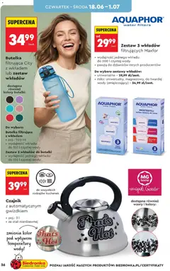 Pogląd oferty "Butelka filtrująca City z wkładem lub zestaw wkładów, Butelka filtrująca City z wkładem lub zestaw wkładów. Pojemność: 500 ml. Wydajność wkładu: 150 l czystej wody. Zestaw 3 wkładów do butelki. Wydajność jednego wkładu: 150 l czystej wody." - ważna od 13.06.2026 | Strona: 38 | Produkty: Czajnik