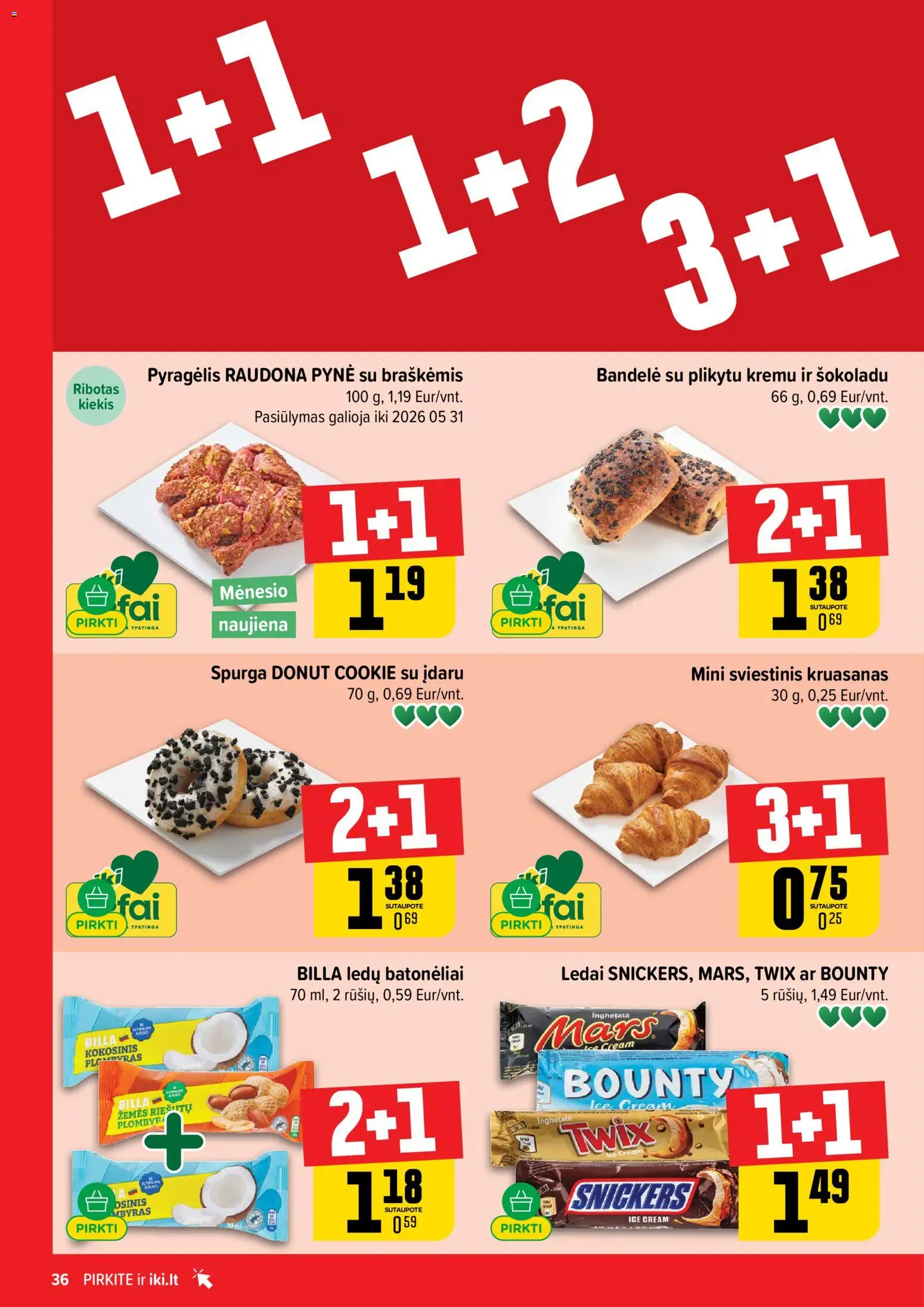 IKI akcijos nuo 04.05.2026 | Puslapis: 36 | Prekių: Ledai, Spurga, Bandelė