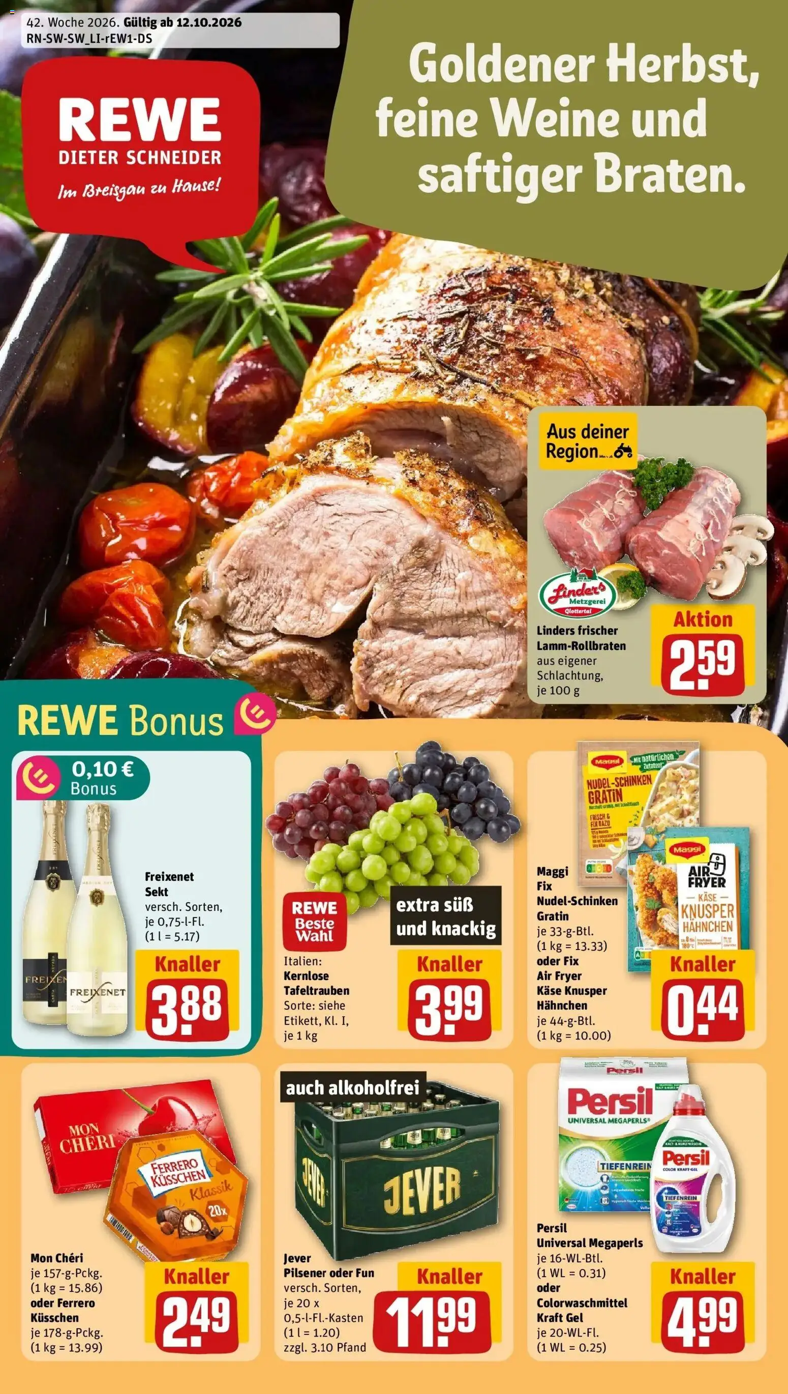 REWE Prospekt ab 12.10.2026 zum Blättern » Angebote | Seite: 1 | Produkte: Hahnchen, Maggi, Käse, Jever