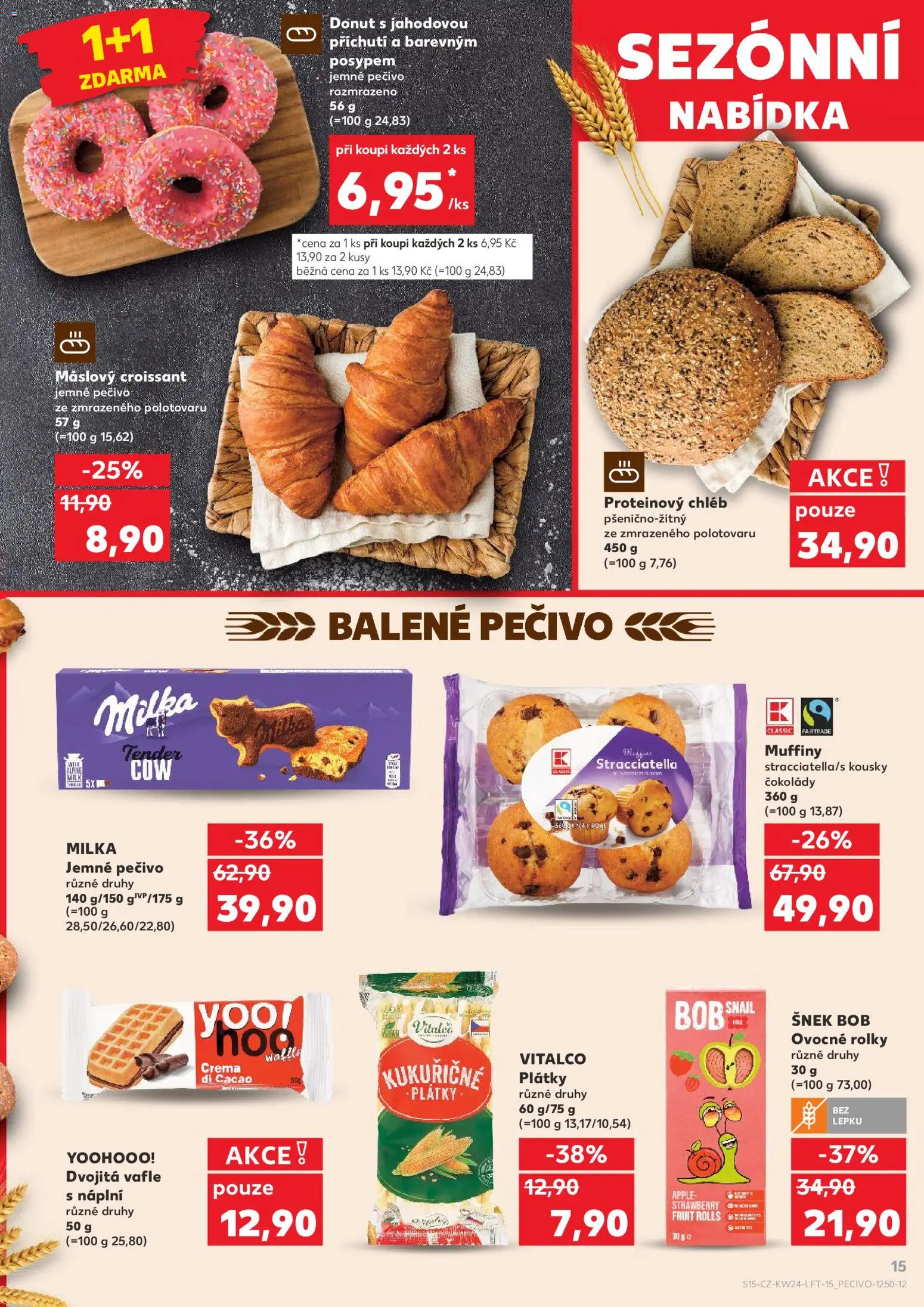 Kaufland leták - Brno od 10.06.2026 | Strana: 15 | Produkty: Donut, Milka, Pečivo, Crema
