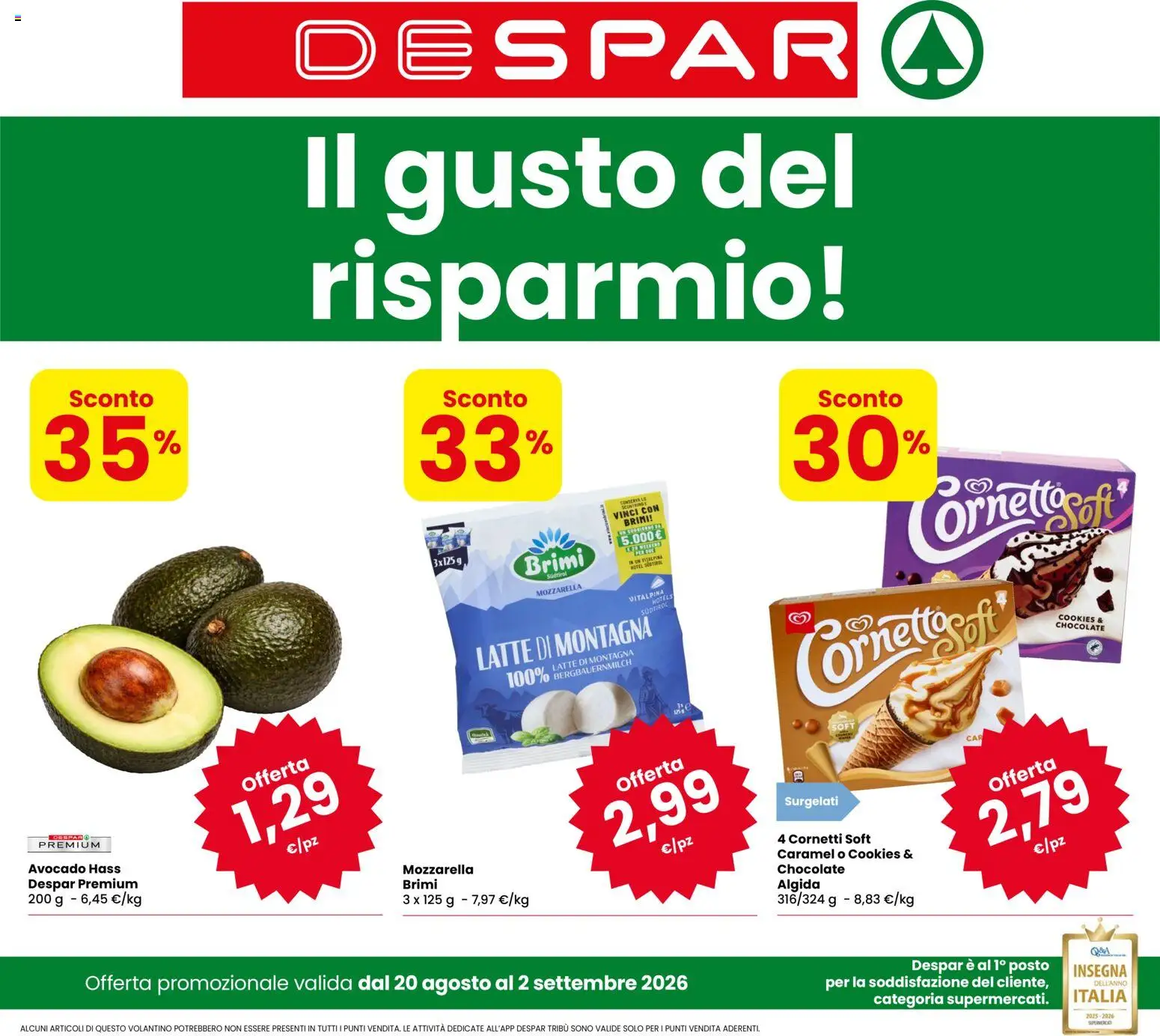 Volantino Despar del 20/08/2026 | Pagina: 1 | Prodotti: Avocado, Mozzarella, Latte