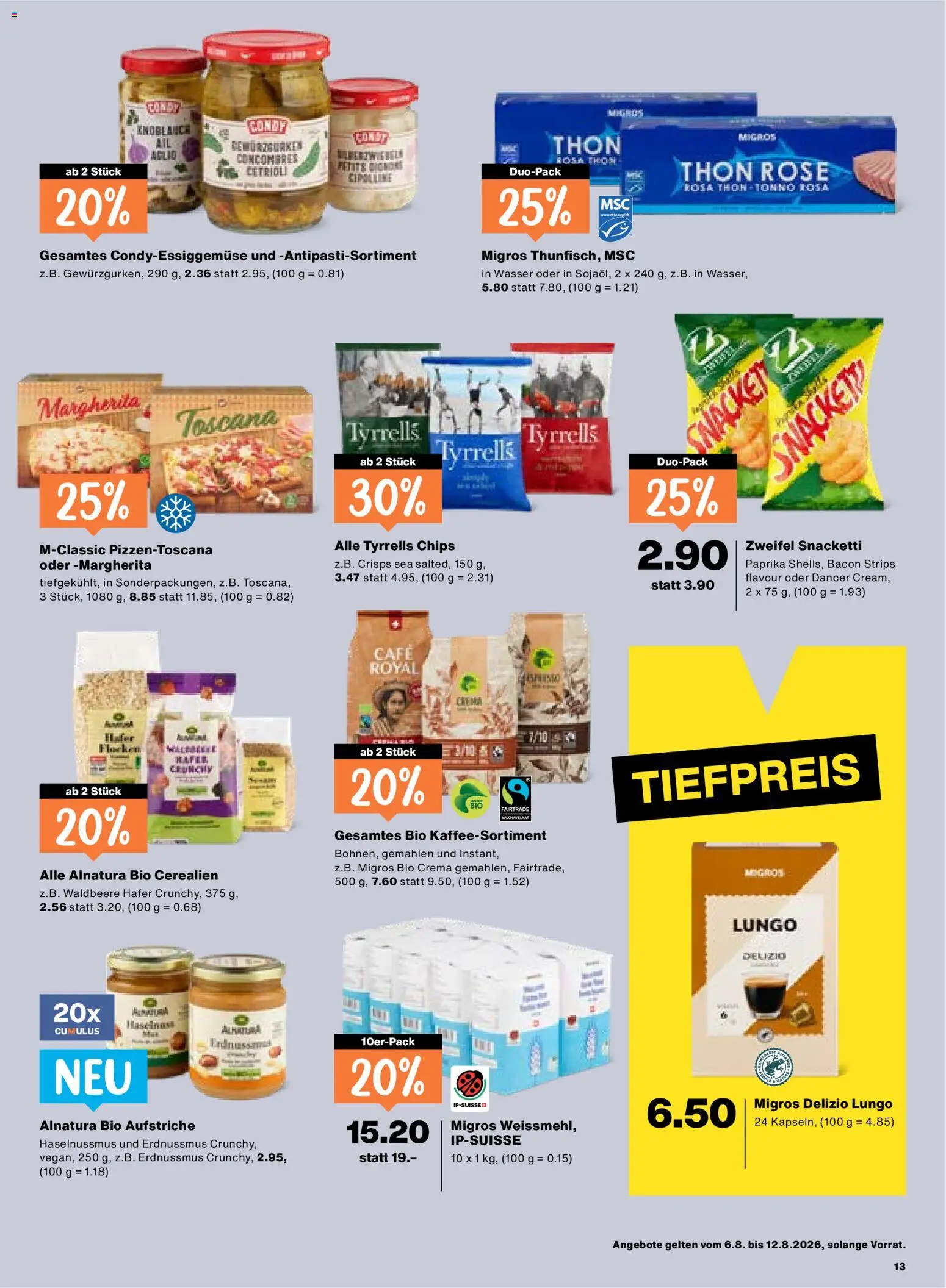Migros aktionen – gültig ab 06.08.2026 | Seite: 13 | Produkte: Pizza, Chips, Knoblauch, Wasser