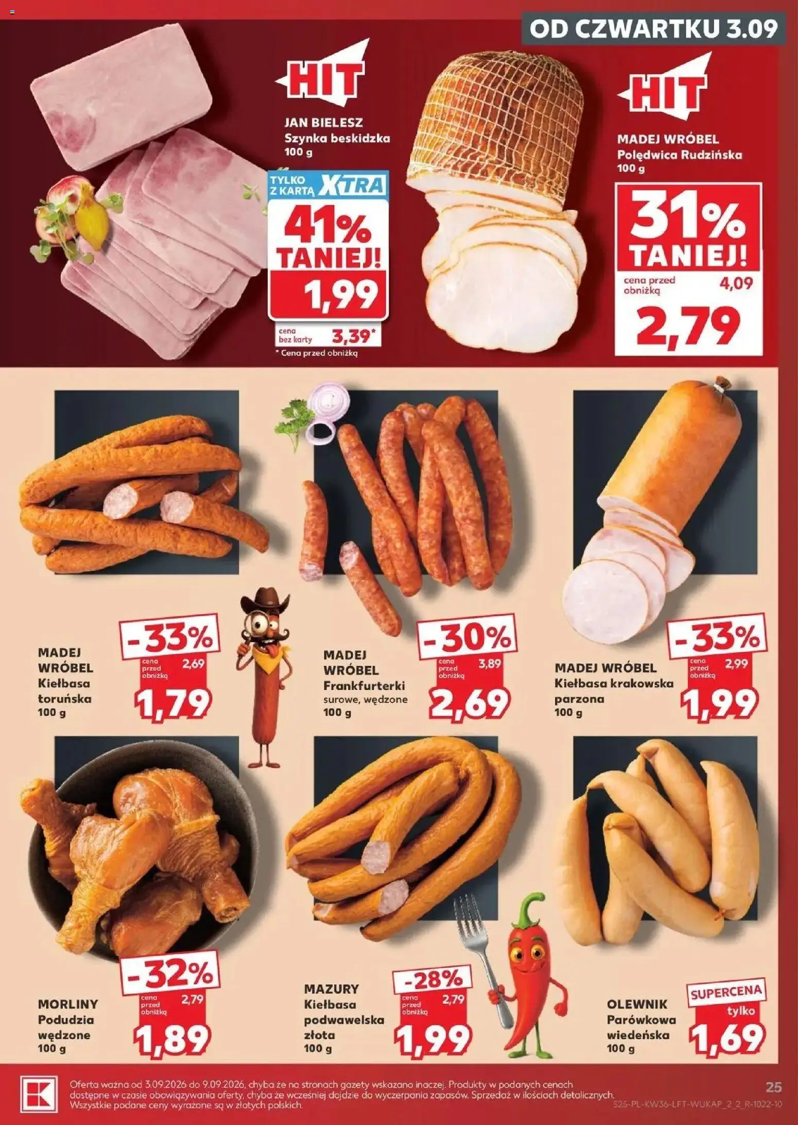 Kaufland gazetka od 03.09.2026 | Strona: 25 | Produkty: Karta, Frankfurterki, Szynka, Kiełbasa podwawelska
