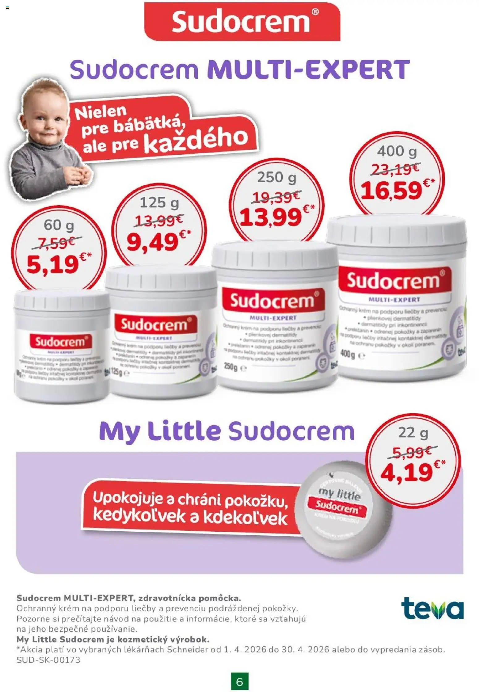 Nové Schneider lekáreň akcie – leták je platný od 01.04.2026 | Strana: 6 | Produkty: Sudocrem, Krém