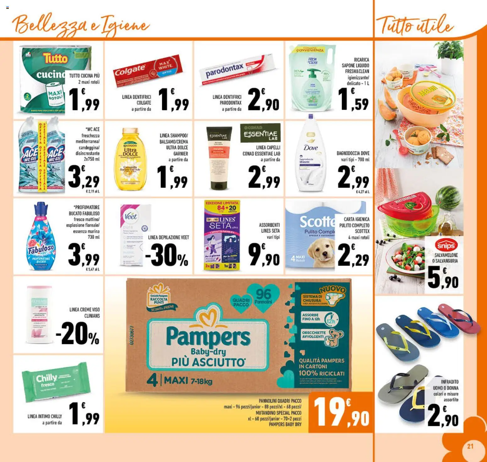 Volantino Conad del 15/07/2026 | Pagina: 21 | Prodotti: Intimo, Infradito, Pampers, Orecchiette