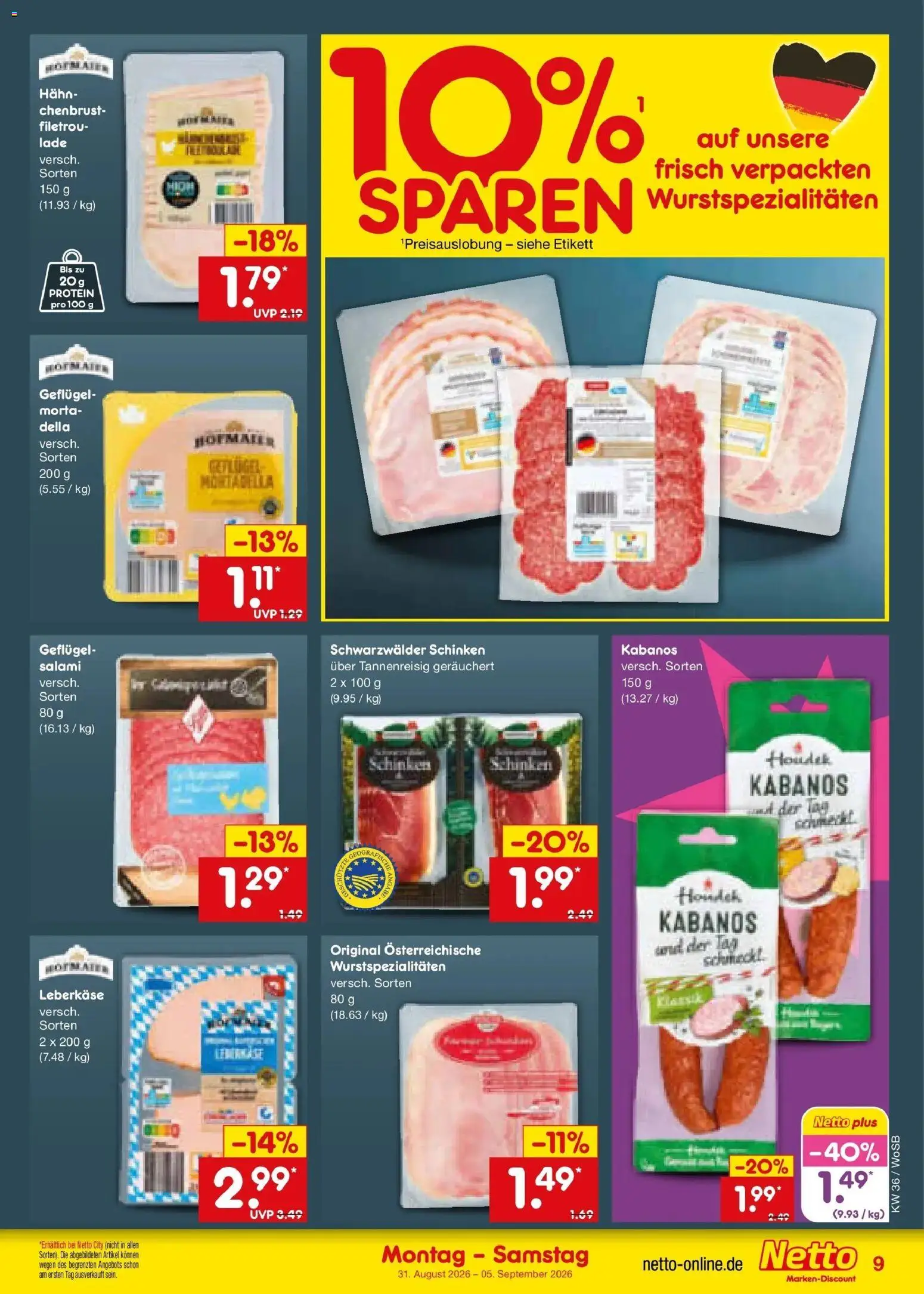 Netto Marken-Discount Prospekt Mannheim (ab 31.08.2026) » Angebote | Seite: 11 | Produkte: Salami, Schinken, Leberkase