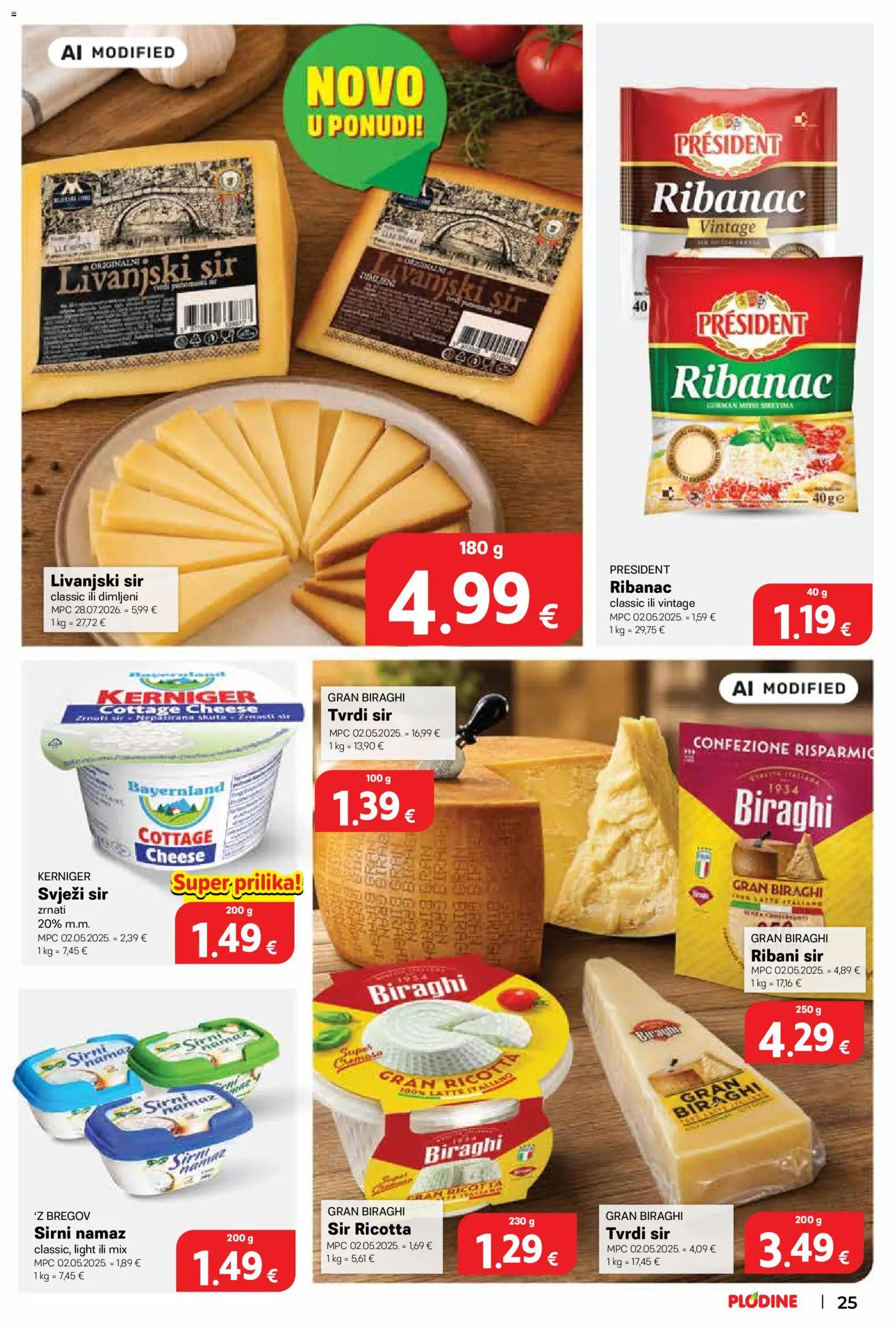 Plodine katalog | vrijedi od 06.08.2026 | Stranica: 25 | Proizvodi: Sir, Svježi sir, Tvrdi sir, Namaz