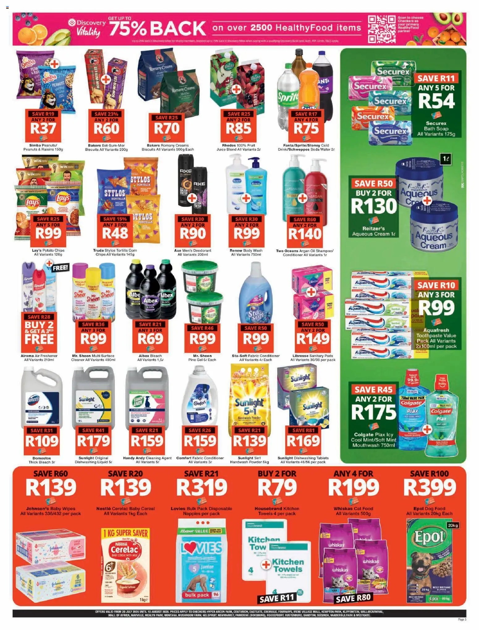 New Checkers catalogue – valid from 20/07/2026 | Page: 3 | Products: Bath, Pads, Bleach, Biscuits