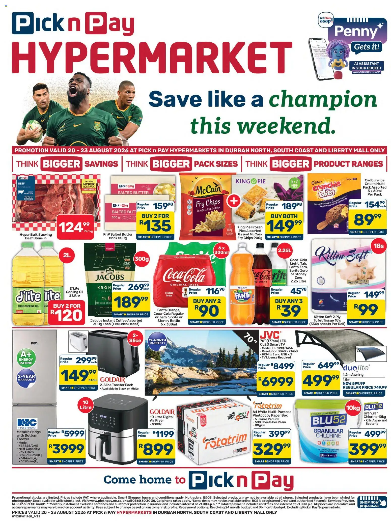 New Pick n Pay catalogue – valid from 20/08/2026 | Page: 1 | Products: Freezer, TV, Paper, Peach