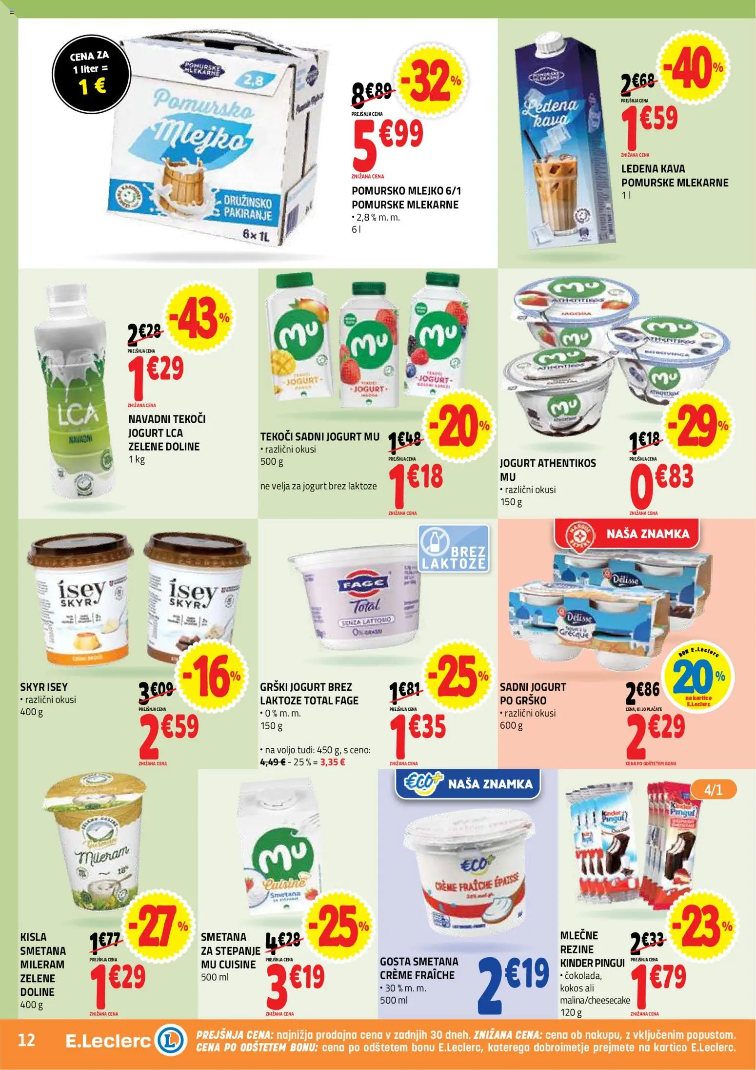 Novi E.leclerc katalog ponudbe – veljaven od 19.08.2026 | Stran: 12 | Izdelki: Grški jogurt, Smetana za stepanje, Mileram, Jogurt