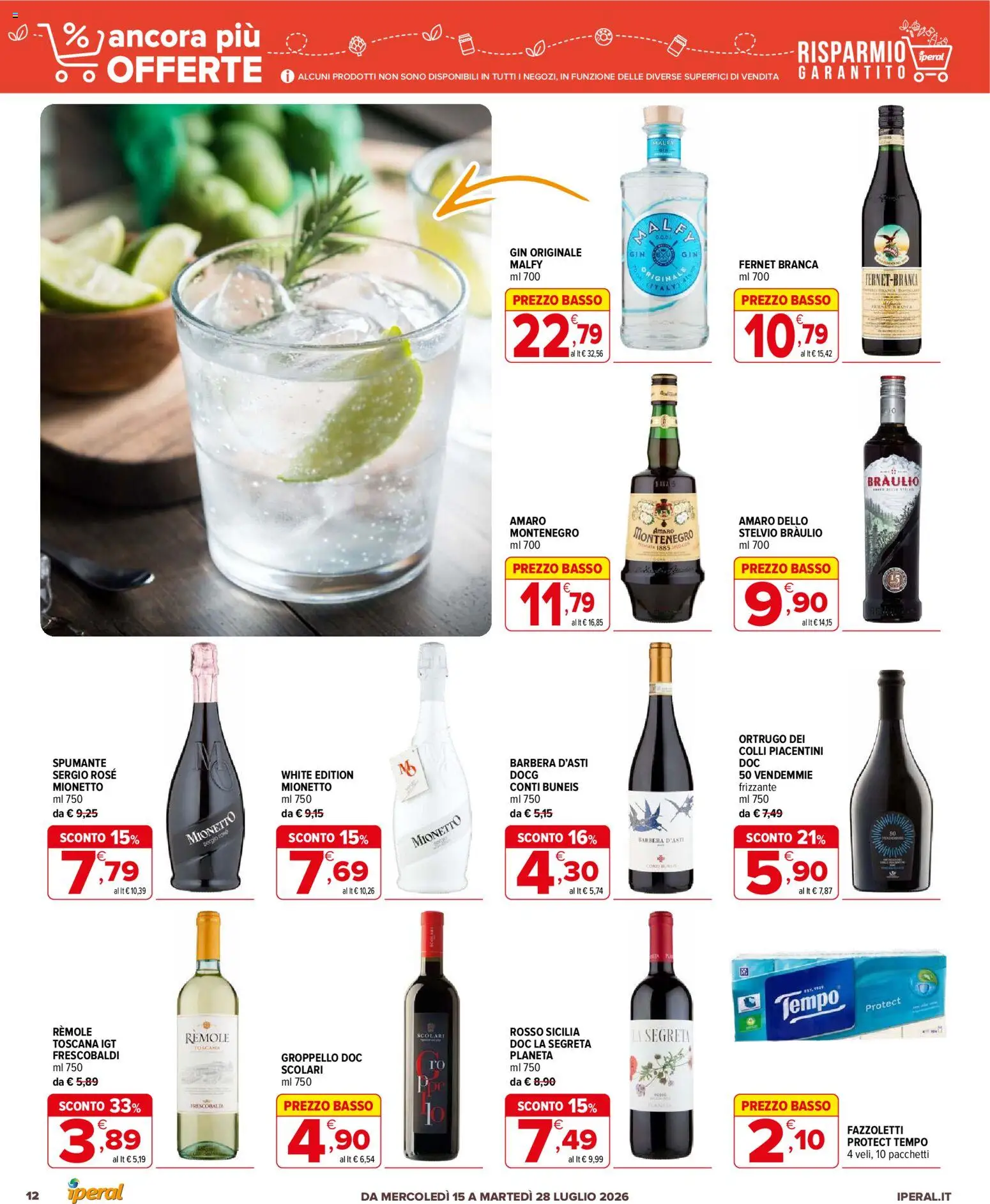 Volantino Iperal del 15/07/2026 | Pagina: 12 | Prodotti: Gin, Fazzoletti, Spumante, Amaro
