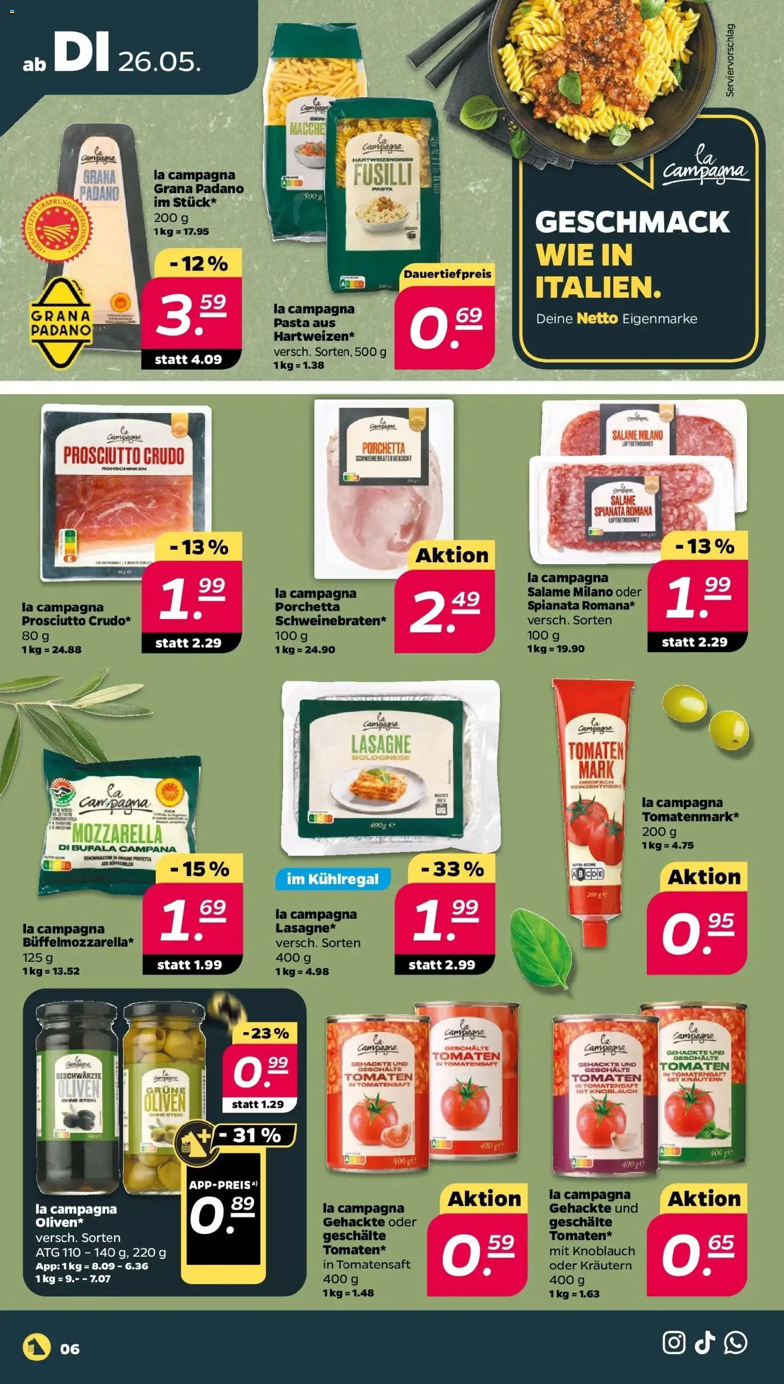 Netto - Netto APS : Wochenangebote ab 24.05.2026 → Angebote nächste Woche | Seite: 6 | Produkte: Mozzarella, Tomaten, Knoblauch, Pasta