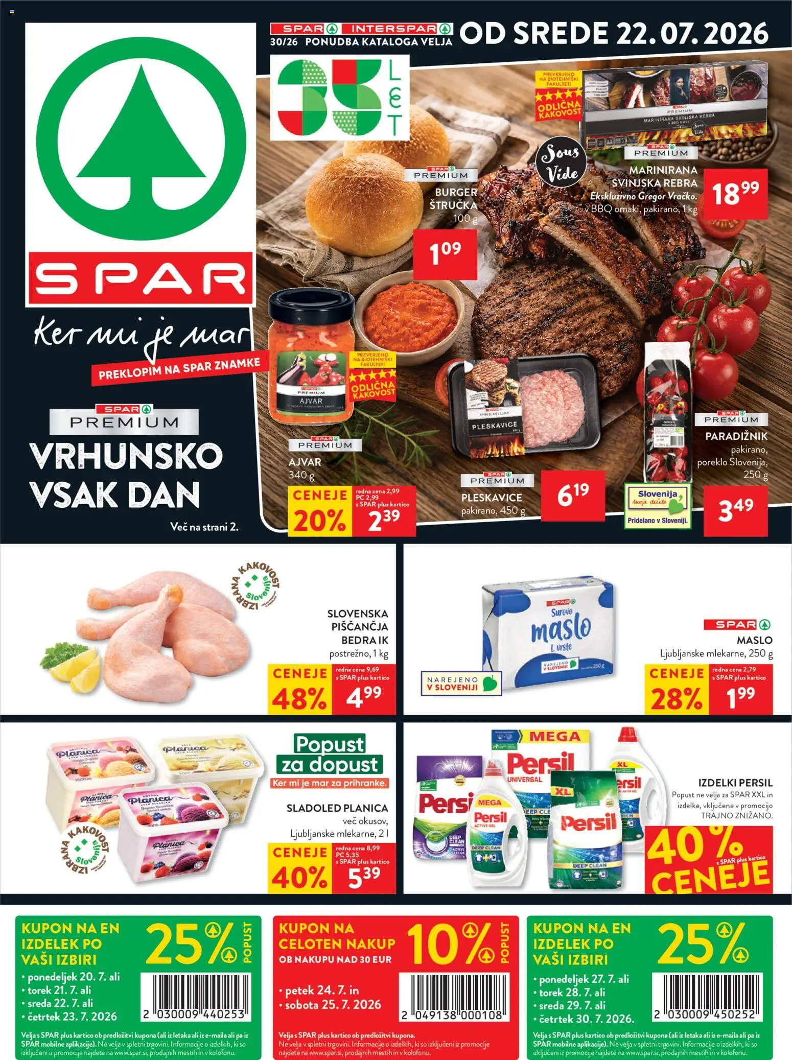 Novi Spar katalog ponudbe – veljaven od 22.07.2026 | Stran: 1 | Izdelki: Ajvar, Pleskavice, Maslo, Sladoled
