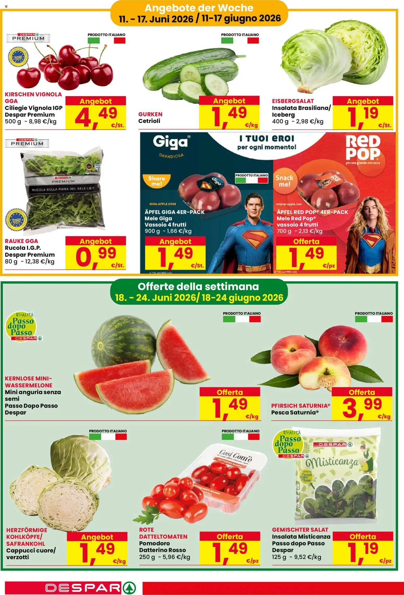 Volantino Despar del 11.06.2026 | Pagina: 2 | Prodotti: Misticanza, Rucola, Cetrioli, Vassoio