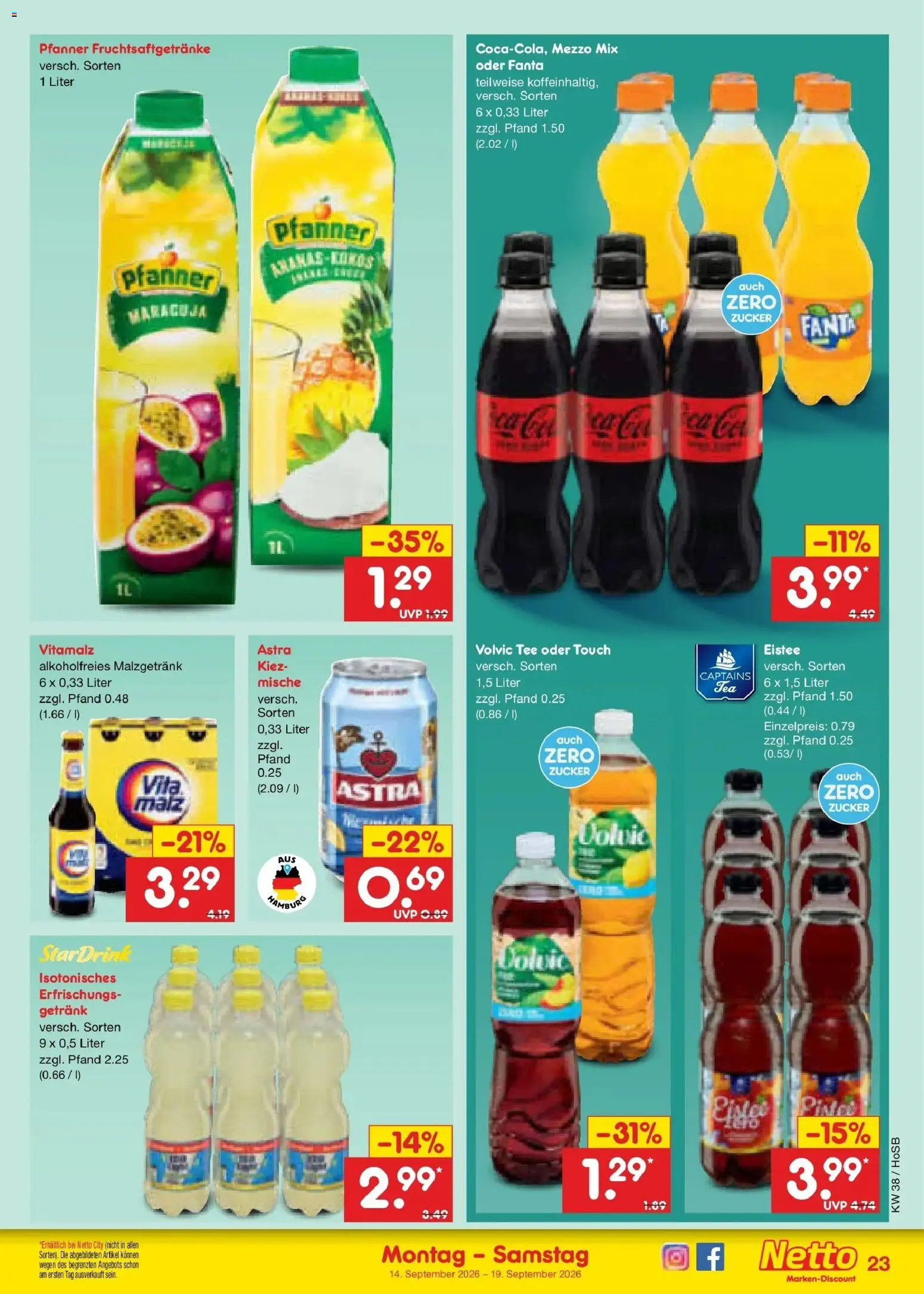 Netto Marken-Discount Prospekt Hannover – gültig ab 14.09.2026 | Seite: 33 | Produkte: Mezzo mix, Astra, Volvic tee, Zucker