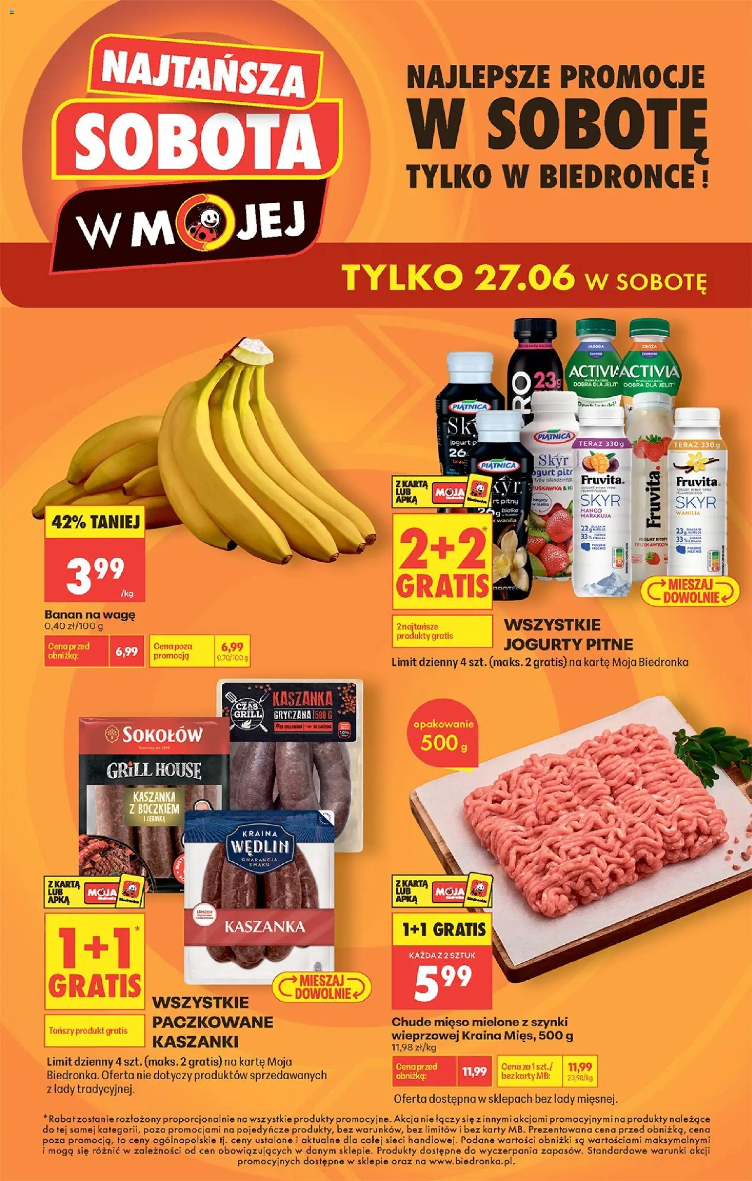 Biedronka gazetka - Najtańsza sobota od 27.06.2026 | Strona: 1 | Produkty: Mięso, Grill, Mięso mielone, Kaszanka