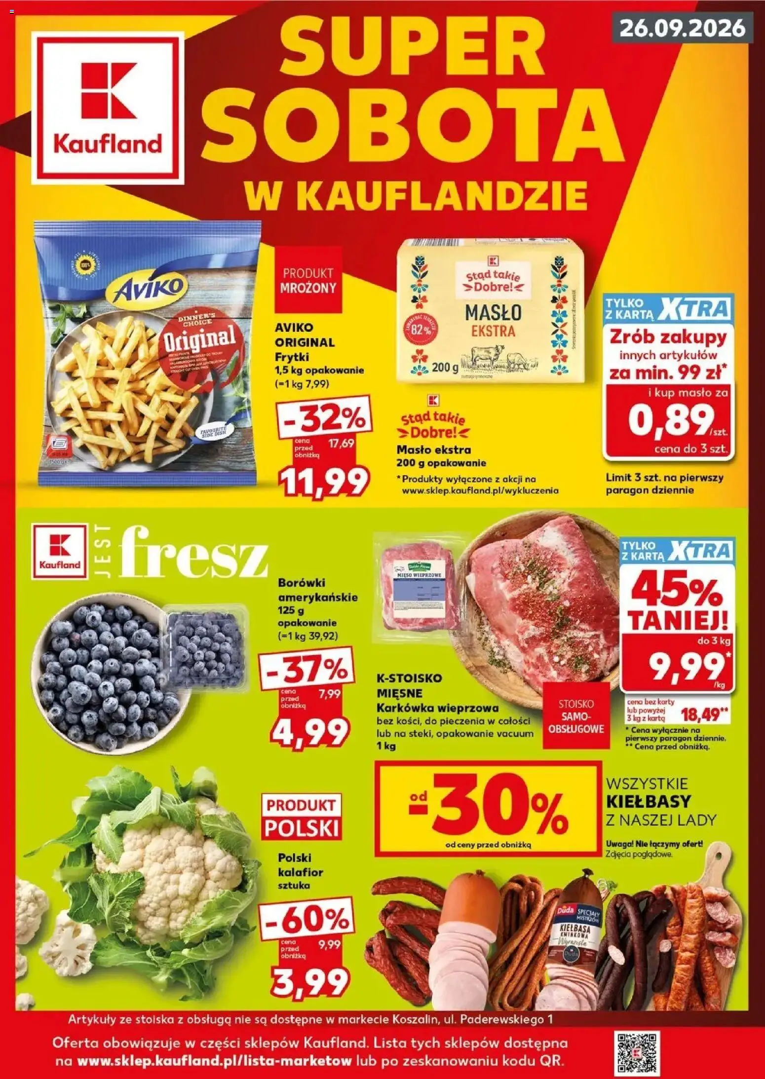 Kaufland gazetka - Super sobota od 26.09.2026 - od jutra PDF | Strona: 1 | Produkty: Kiełbasa, Borówki, Mięso, Frytki