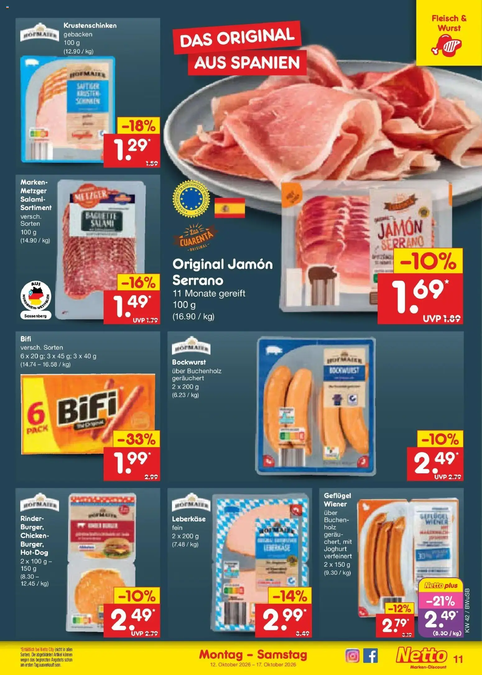 Netto Marken-Discount Prospekt Bielefeld (ab 12.10.2026) » Angebote | Seite: 13 | Produkte: Bockwurst, Burger, Baguette, Leberkase