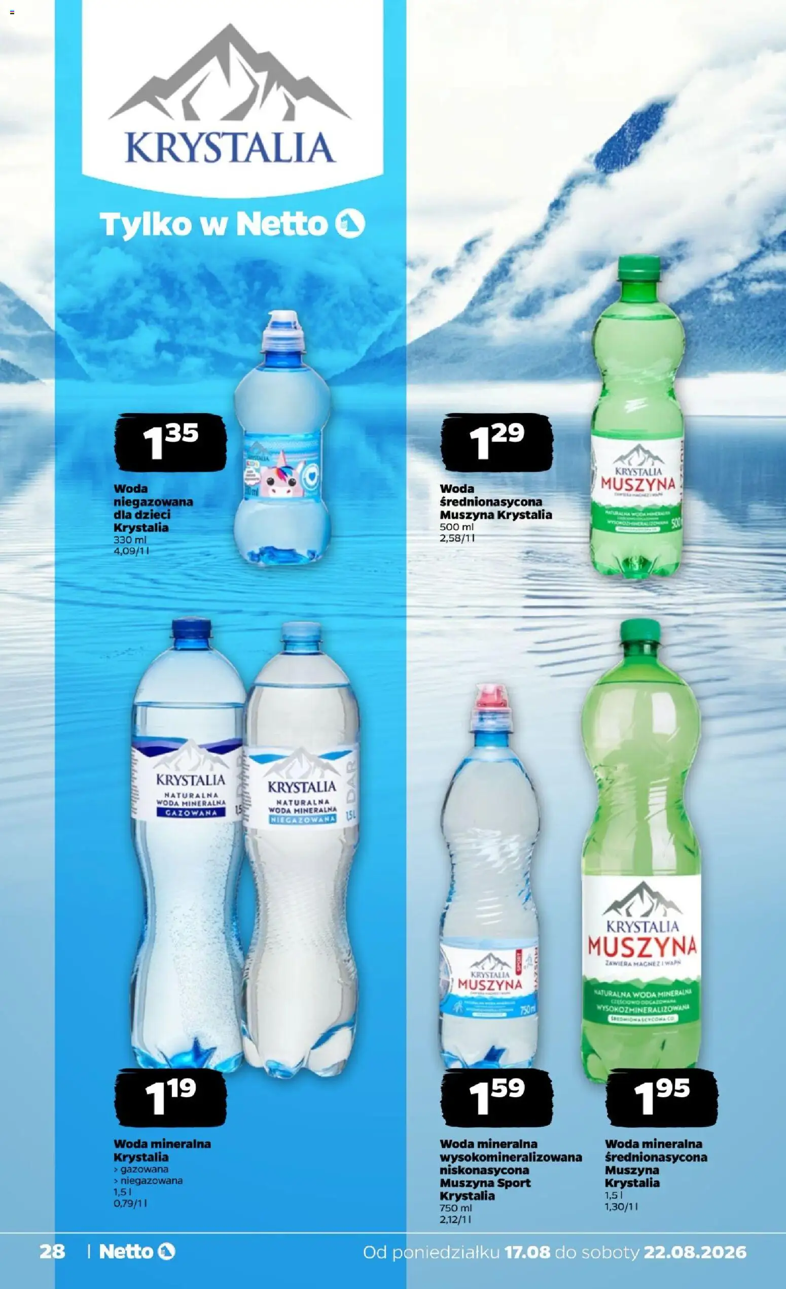 Netto gazetka od poniedziałku od 17.08.2026 | Strona: 28 | Produkty: Woda Muszyna, Woda mineralna, Woda niegazowana, Woda