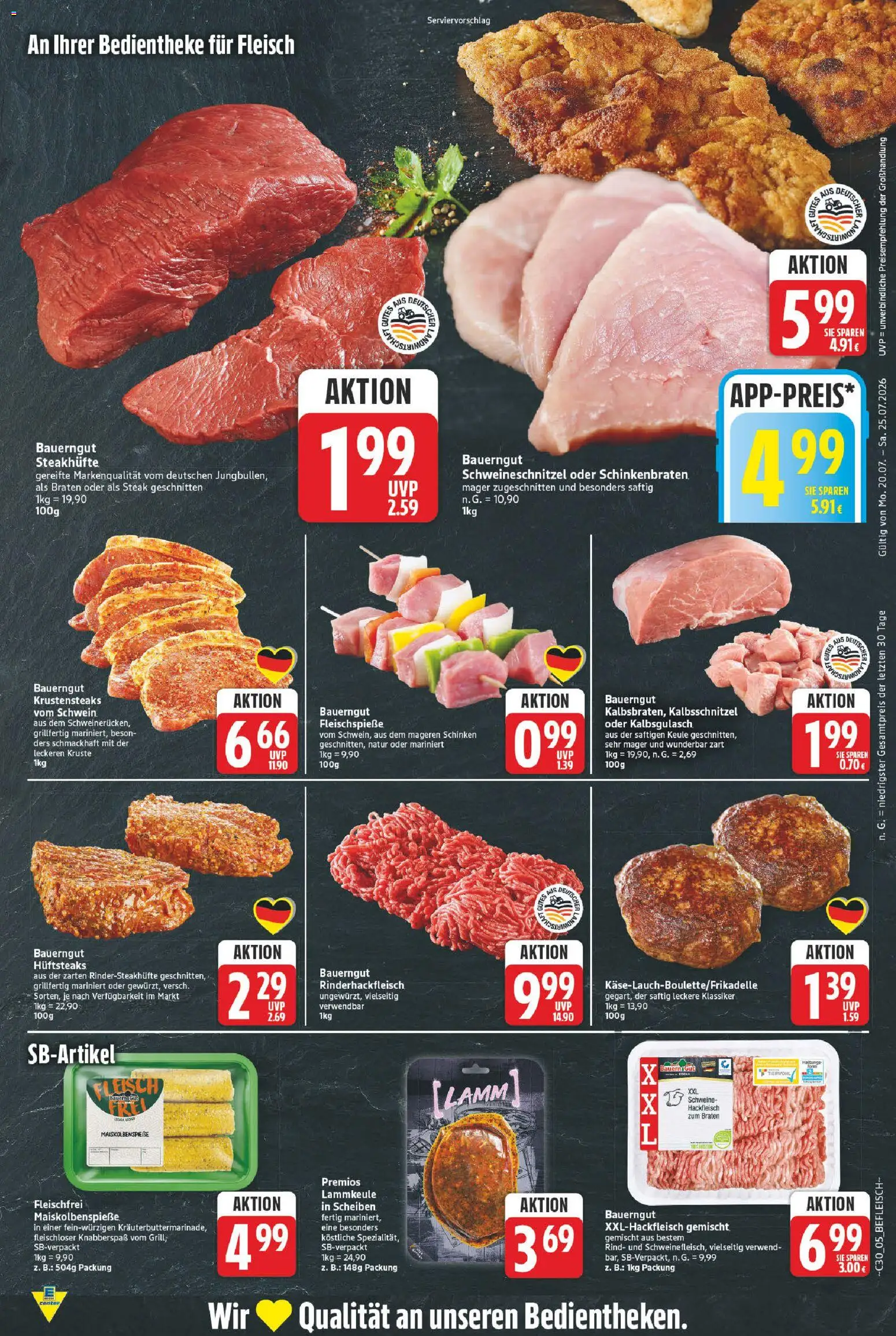 E center Prospekt – gültig ab 20.07.2026 | Seite: 6 | Produkte: Lammkeule, Bauerngut, Steak, Fleisch