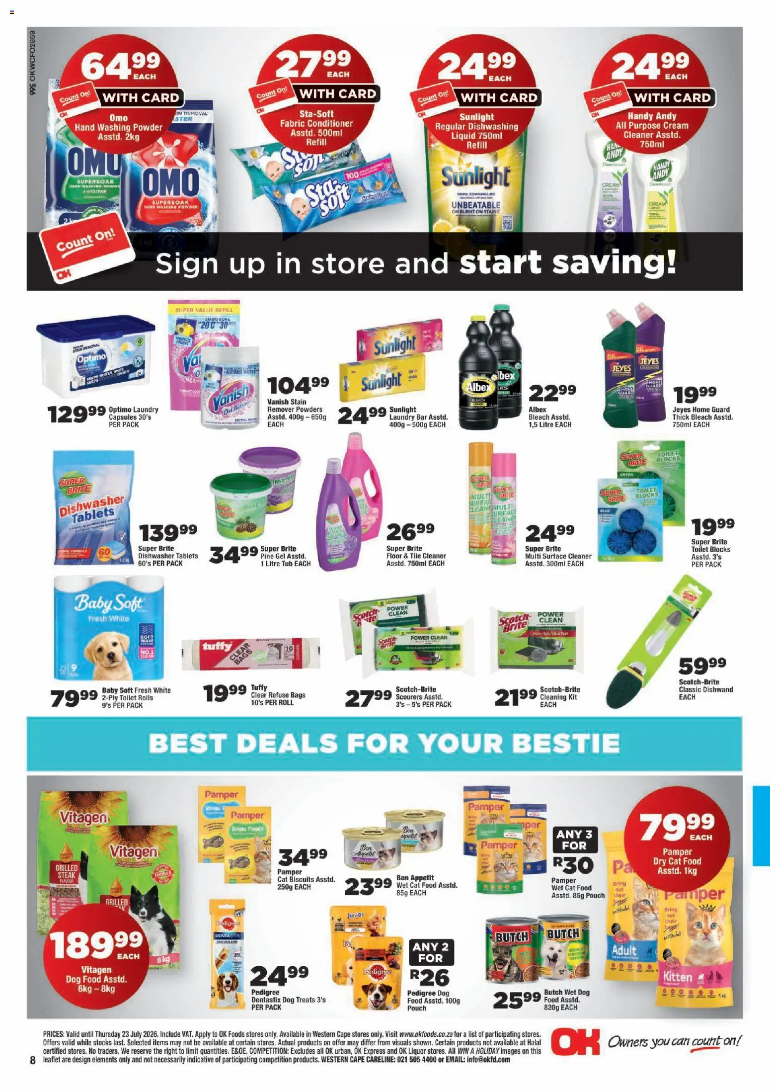New OK Foods catalogue – valid from 15/07/2026 | Page: 8 | Products: Dishwasher, Steak, Powder, Conditioner