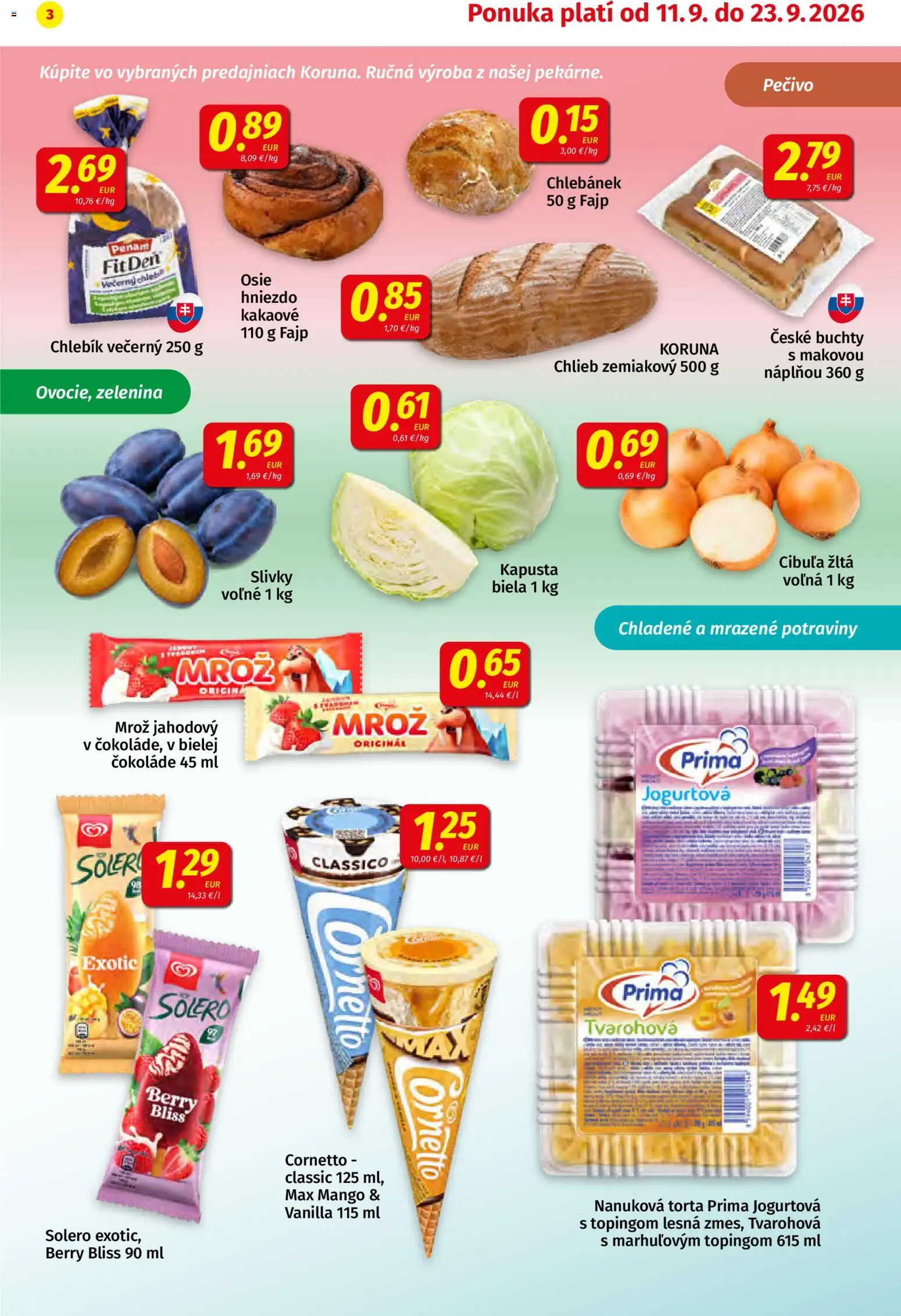 Nové Koruna akcie – leták je platný od 11.09.2026 | Strana: 3 | Produkty: Zelenina, Mango, Slivky, Pečivo