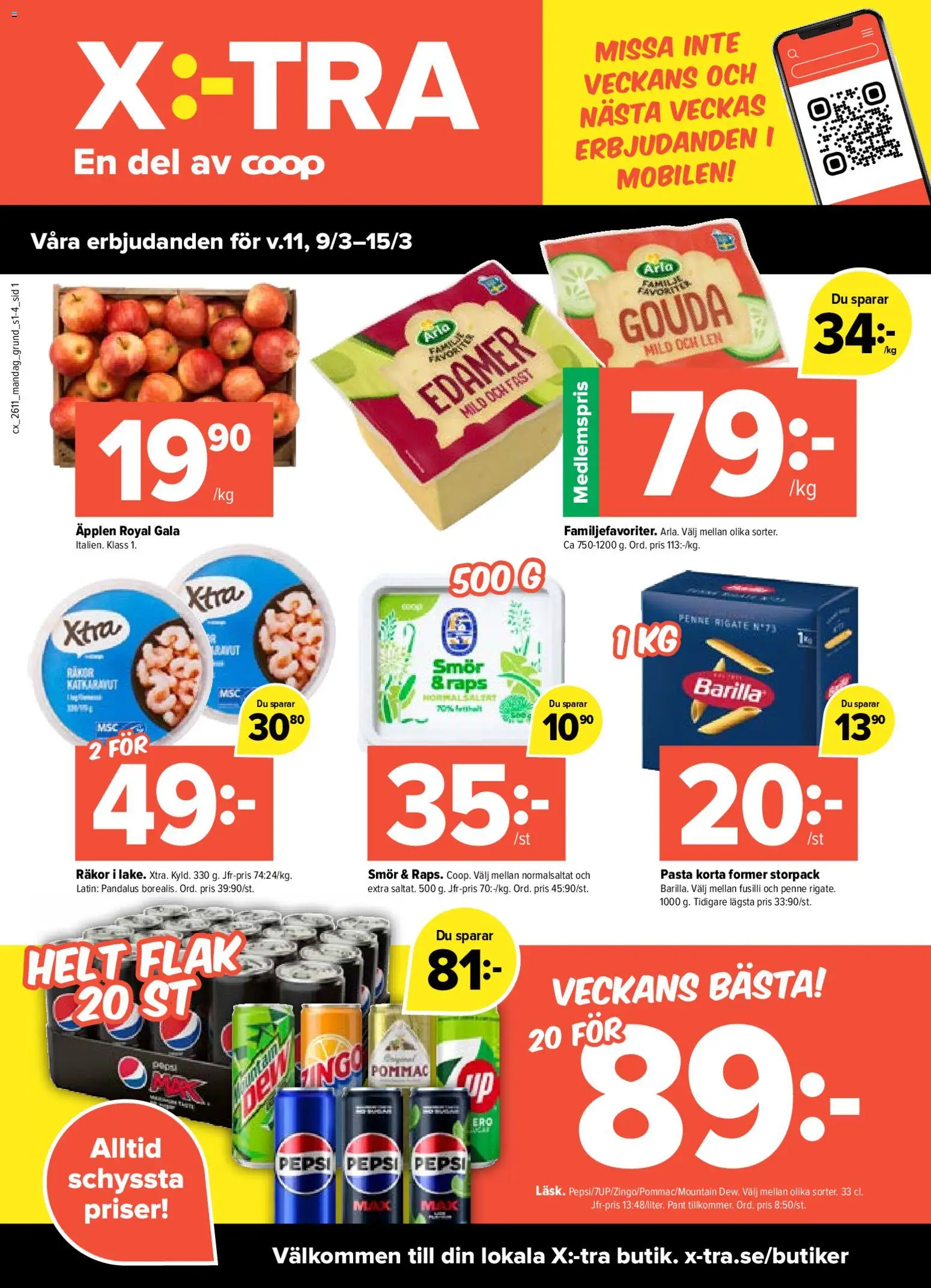 Coop X:-TRA reklamblad aktuell från 09.03.2026 | Sida: 1 | Produkter: Pepsi, Räkor, Smör, Äpplen