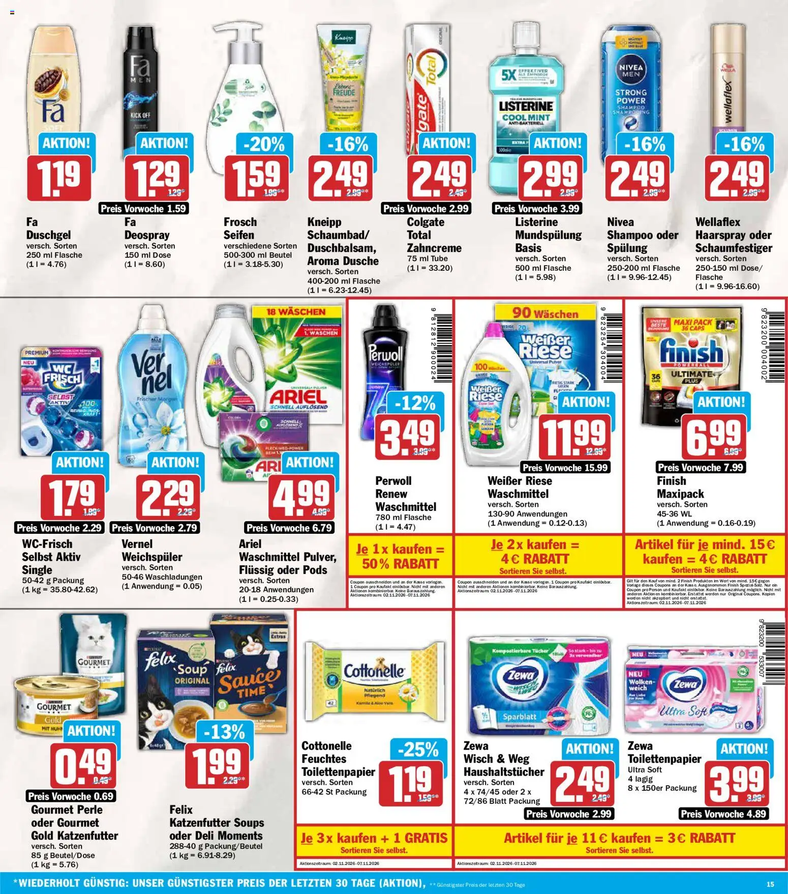AEZ Prospekt – gültig ab 02.11.2026 | Seite: 15 | Produkte: Shampoo, Duschgel, Weichspüler, Vernel