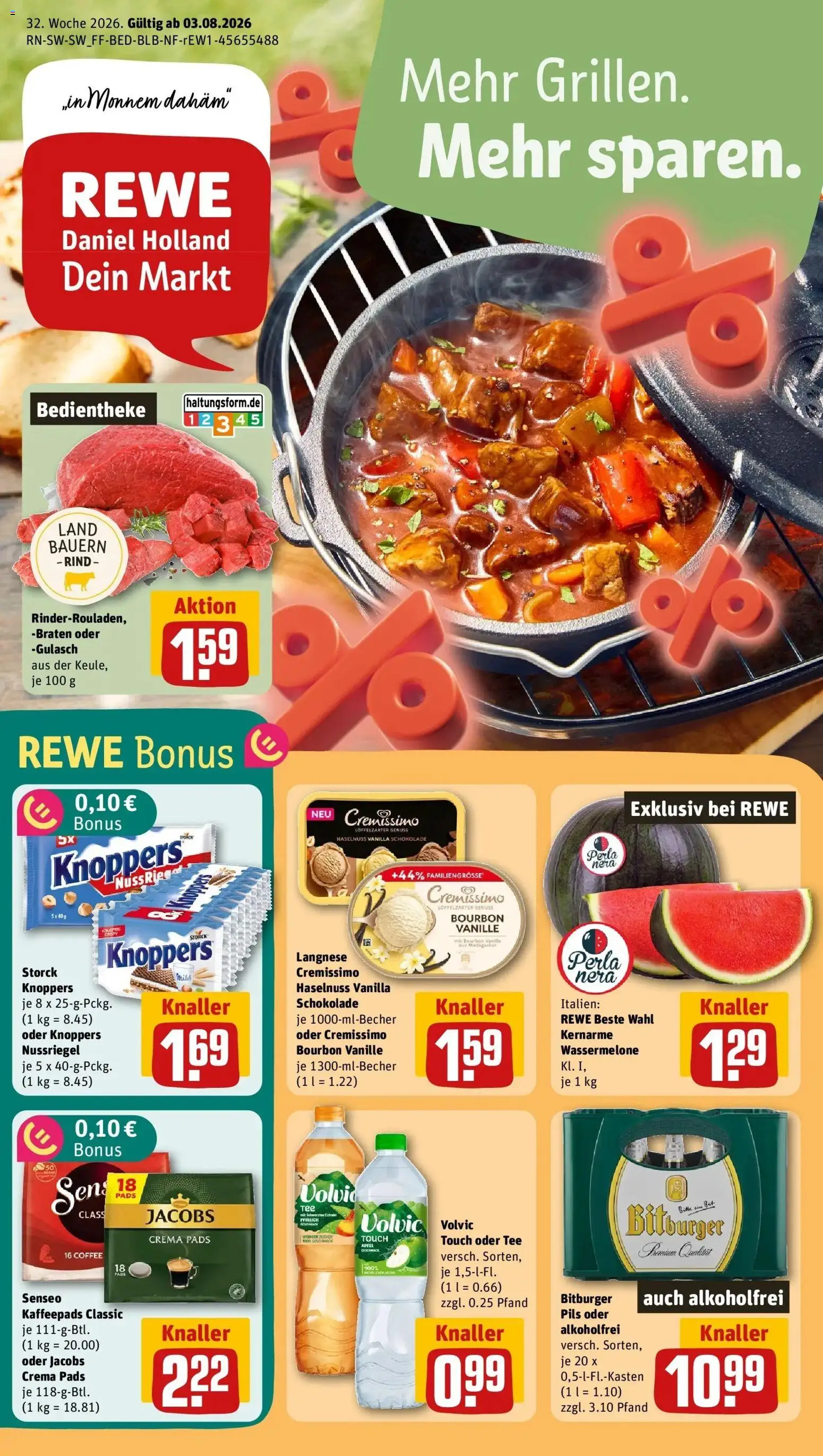 REWE Prospekt ab 03.08.2026 zum Blättern » Angebote | Seite: 1 | Produkte: Schokolade, Äpfel, Gulasch, Volvic