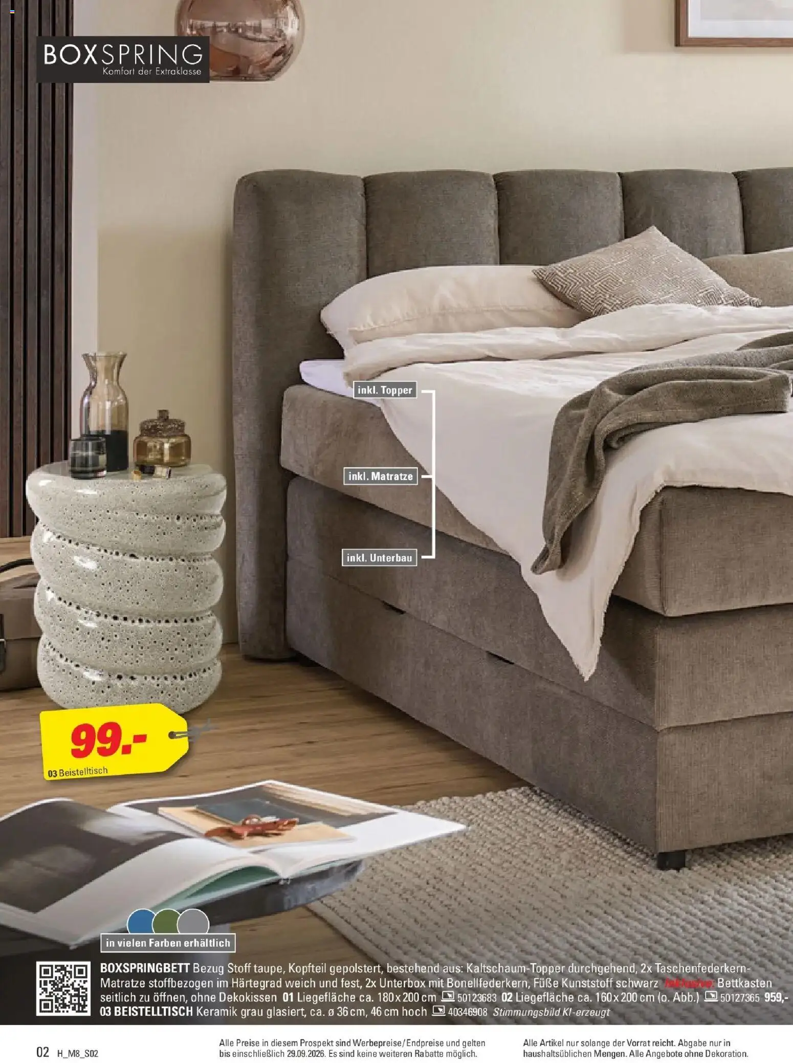 Höffner Prospekt München-Freiham – gültig ab 09.09.2026 | Seite: 2 | Produkte: Beistelltisch, Matratze, Boxspringbett, Topper