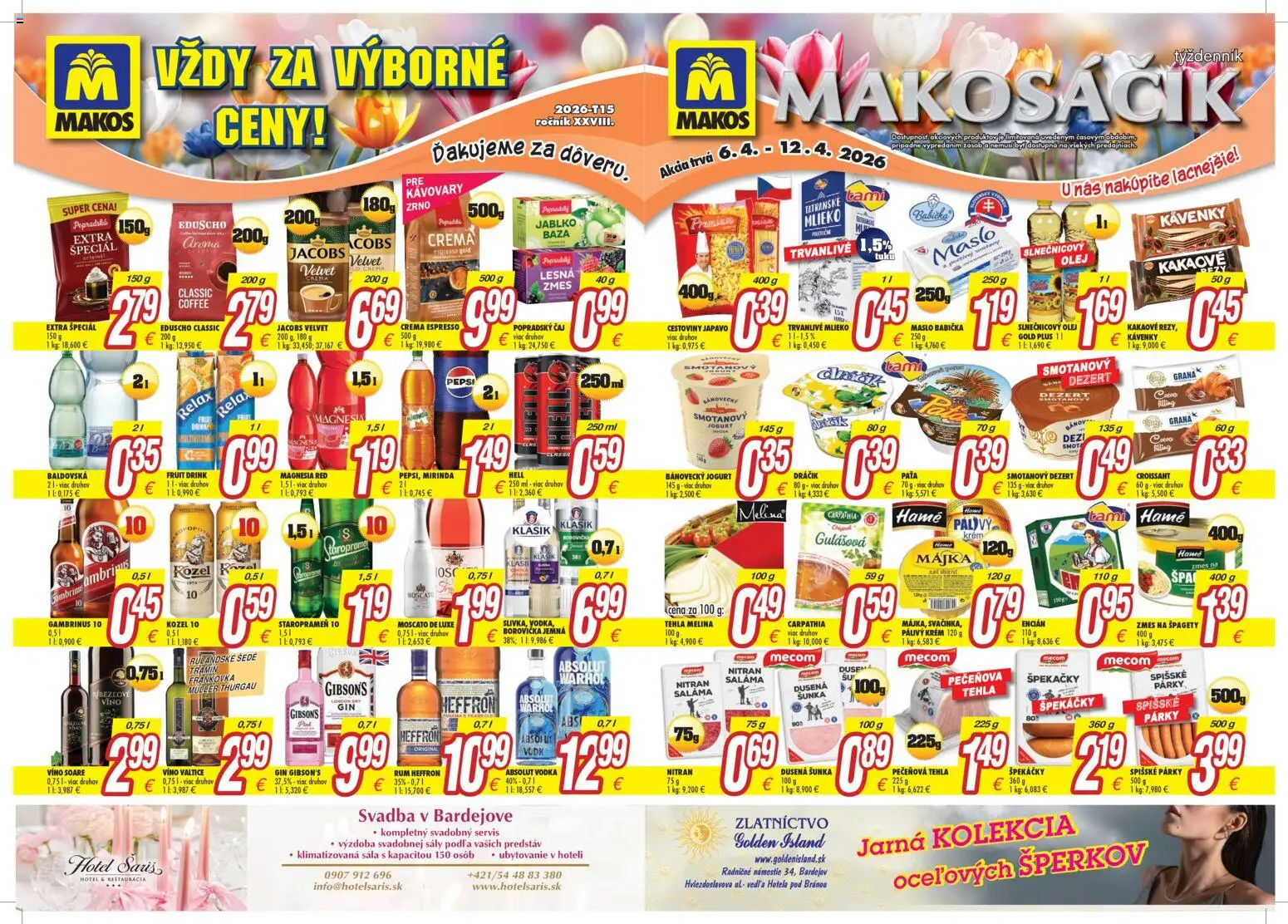 Nové Makos akcie – leták je platný od 06.04.2026 | Strana: 1 | Produkty: Jogurt, Pepsi, Párky, Špagety