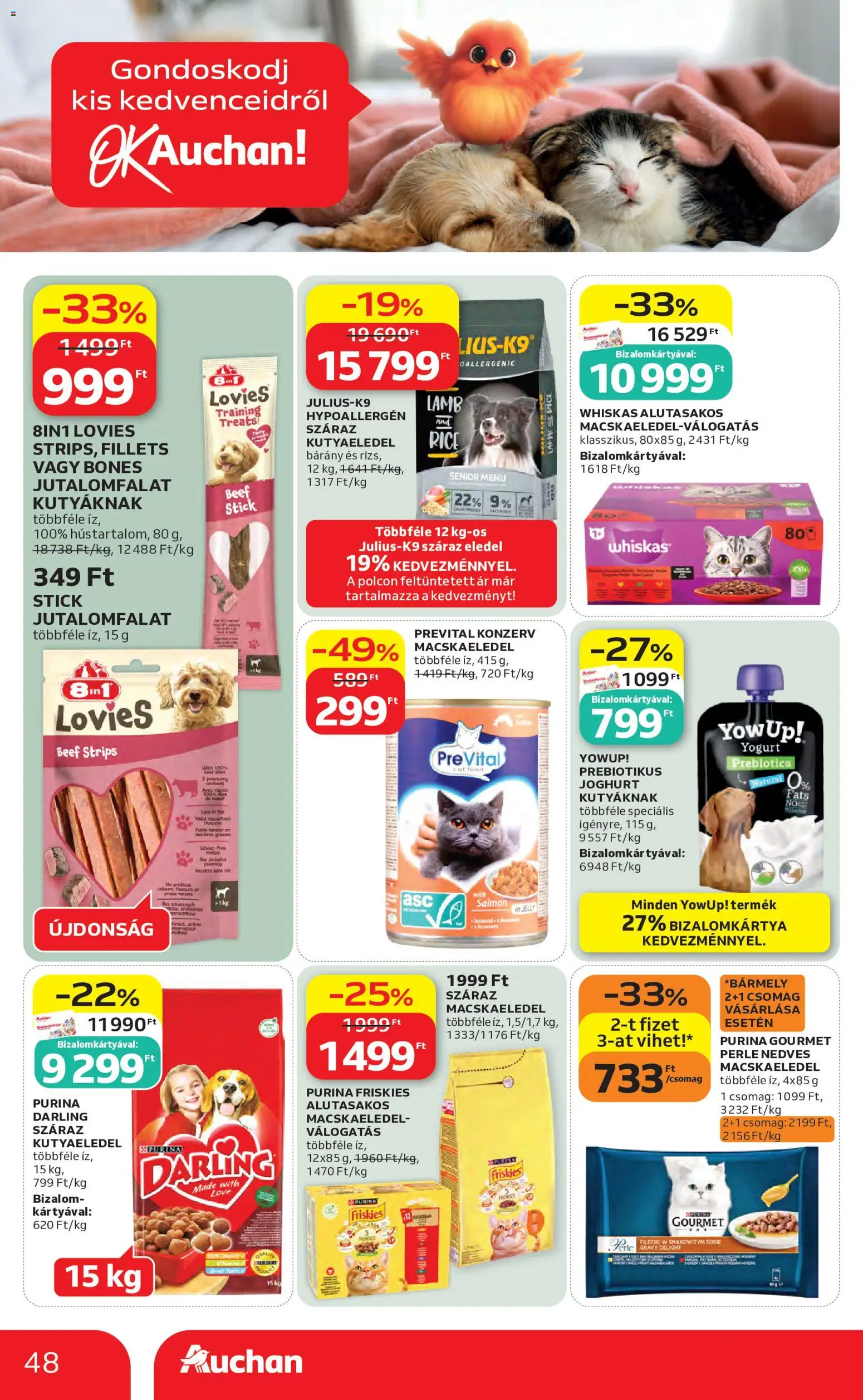 Auchan akciós ujság - amely érvényes a következő dátumtól: 07.05.2026 | Oldal: 48 | Termékek: Macskaeledel, Kutyaeledel, Whiskas, Joghurt