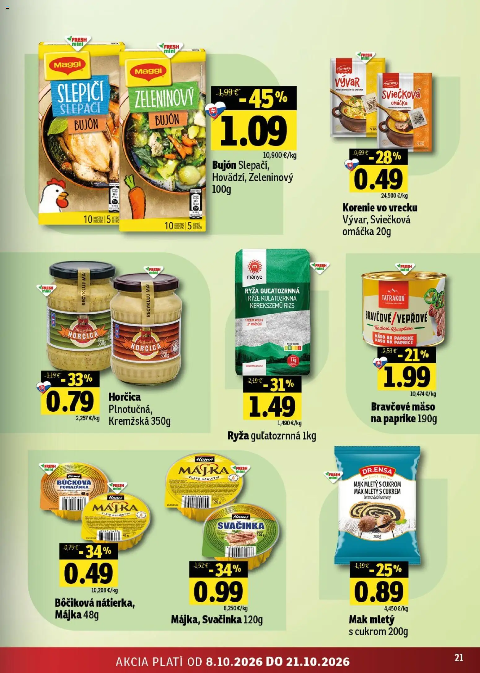 Nové Fresh akcie – leták je platný od 08.10.2026 | Strana: 21 | Produkty: Bujón, Korenie, Omáčka, Mak