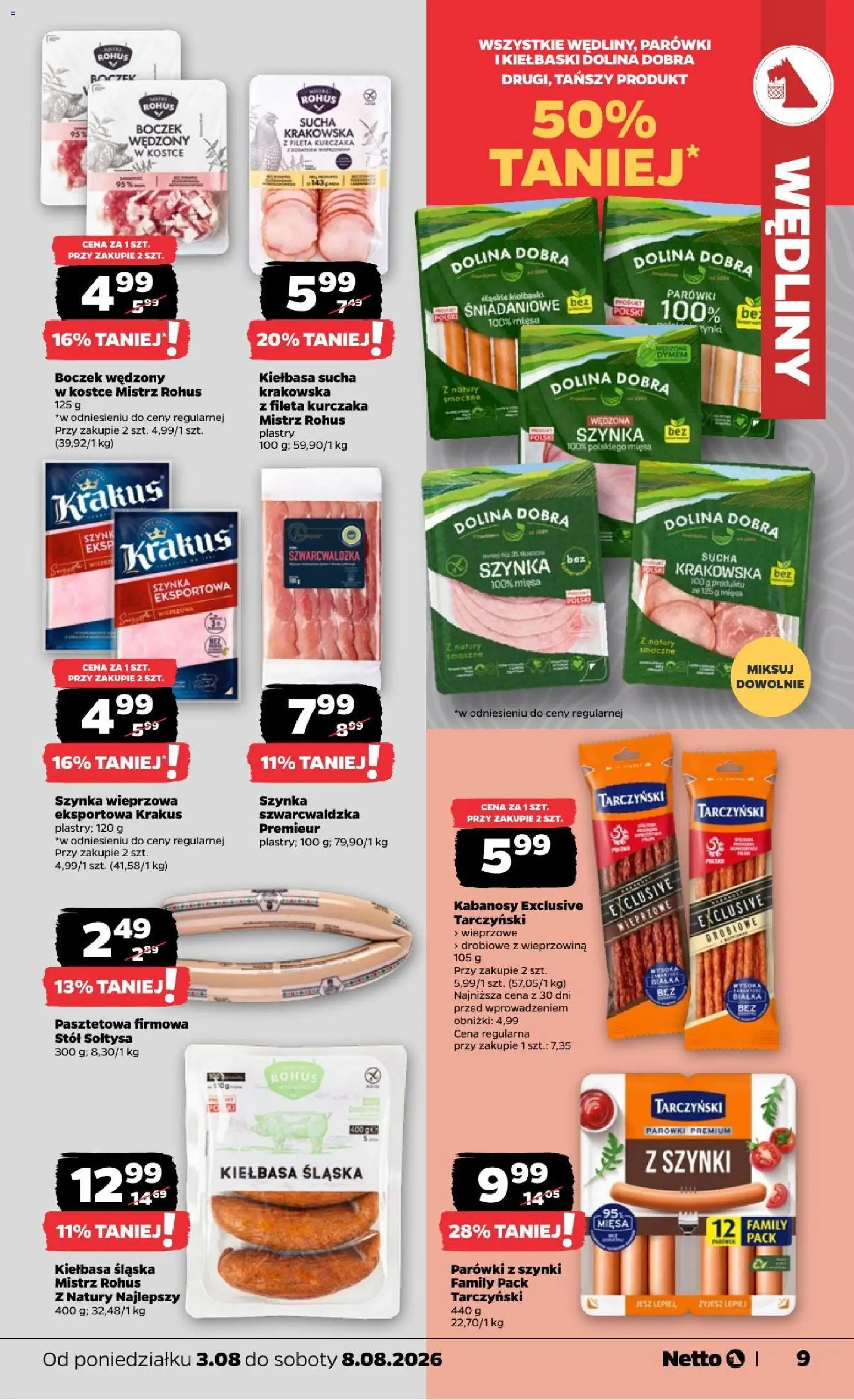 Netto gazetka od poniedziałku od 03.08.2026 | Strona: 9 | Produkty: Kiełbasa, Parówki z szynki, Parówki, Stół