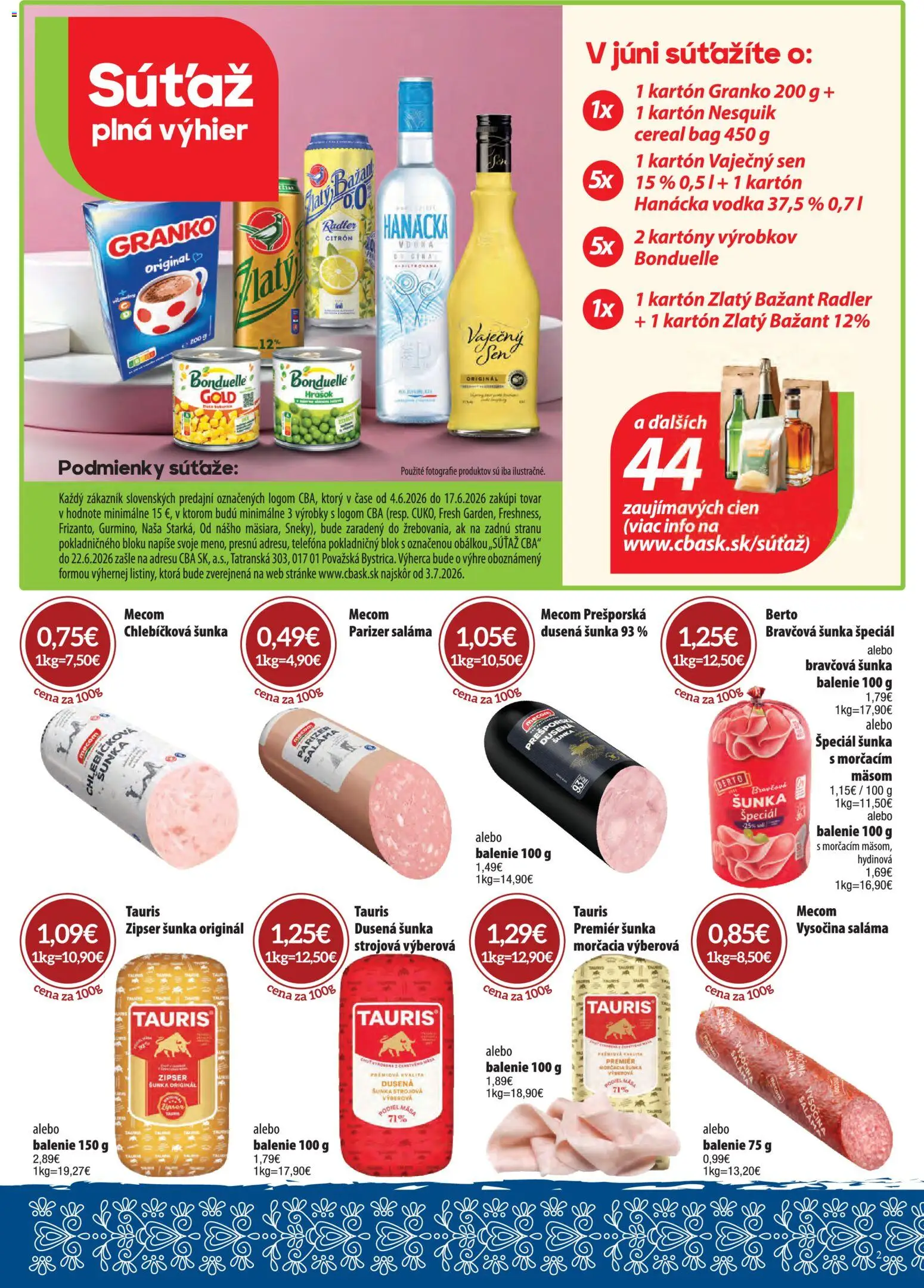 Nové CBA Verex akcie – leták je platný od 04.06.2026 | Strana: 2 | Produkty: Šunka, Radler, Vodka, Nesquik
