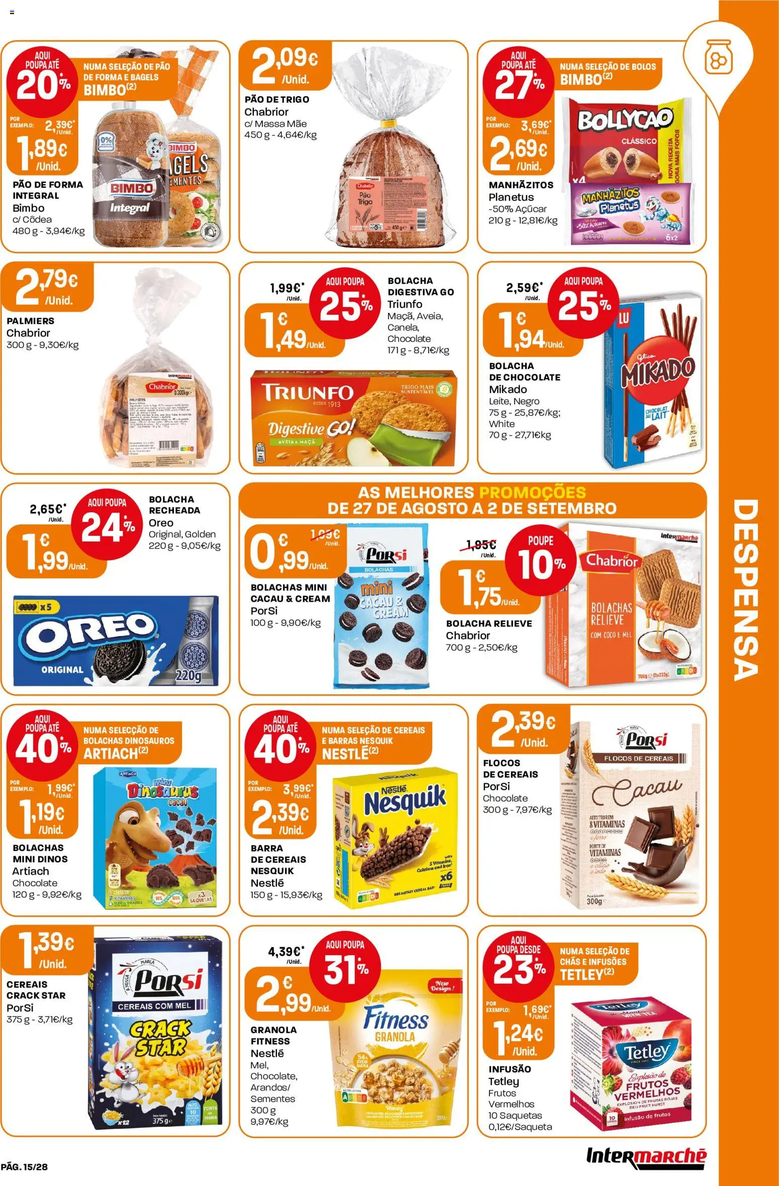 Intermarché Folheto Contact │ válido de 27/08/2026 | Página: 15 | Produtos: Bolachas, Manhãzitos, Chás, Açúcar