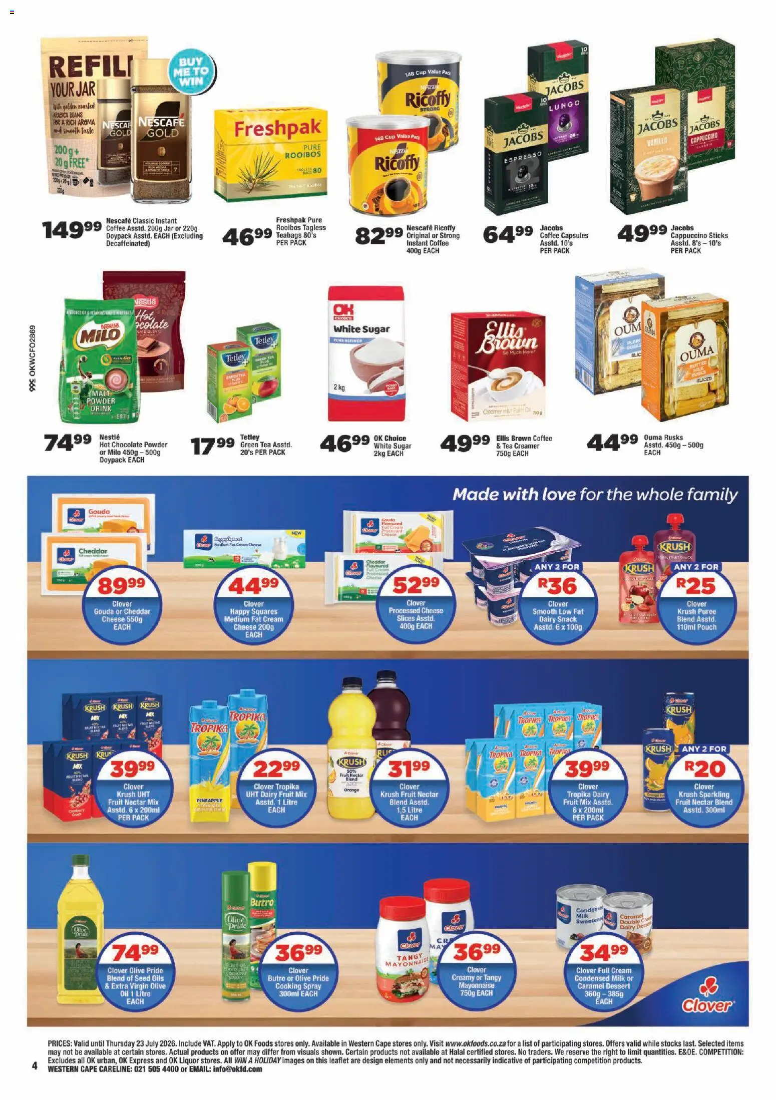 New OK Foods catalogue – valid from 15/07/2026 | Page: 4 | Products: Hot chocolate, Cheese, Chocolate, Sugar